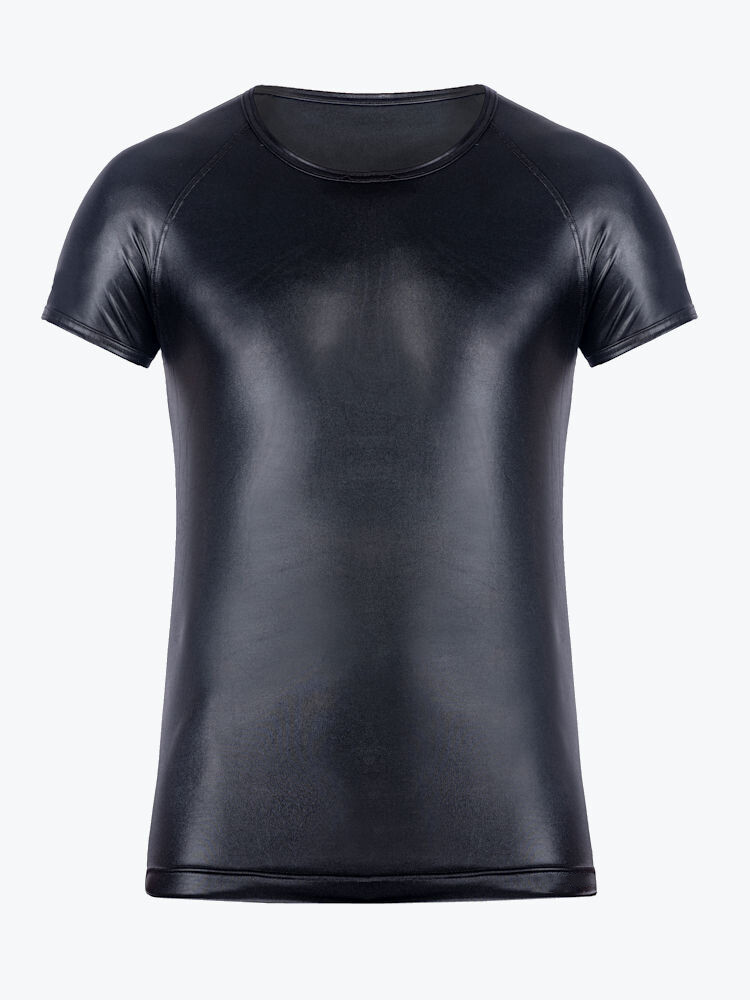 Men's Faux Leather Short Sleeve T-Shirt Sexy Wet Look Tees Muscle Tops gallery