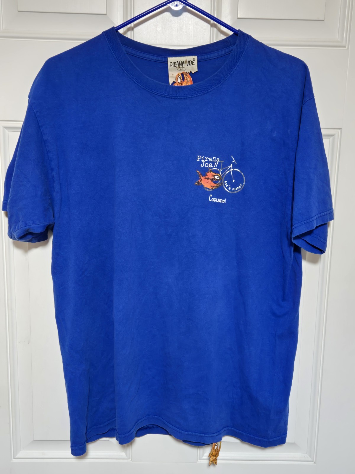 Pirana Joe Shirt Men Large Blue Cozumel Vacation Destination Tee Fish Mexico