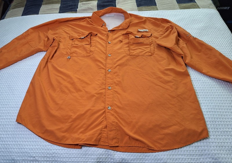 Columbia PFG Copper Orange Button Down Polyester Nylon Fishing Shirt Size XL gallery