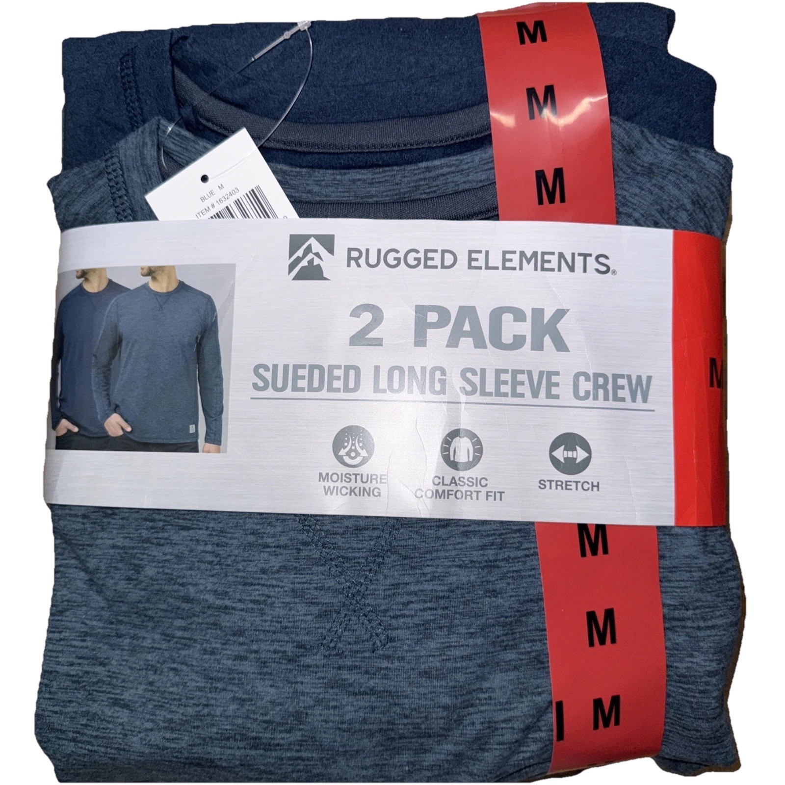 Rugged Elements Men’s Medium Sueded Long Sleeve Crew Tee 2-pack Blue & Navy NEW