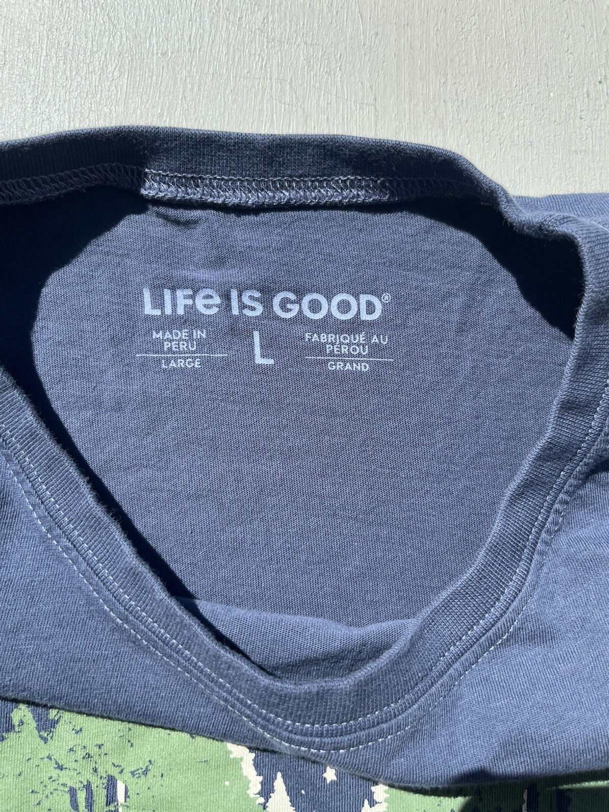 Men's Life is Good T-Shirt Blue Spell Out L Dad Classic City Outdoor Camp Hike gallery