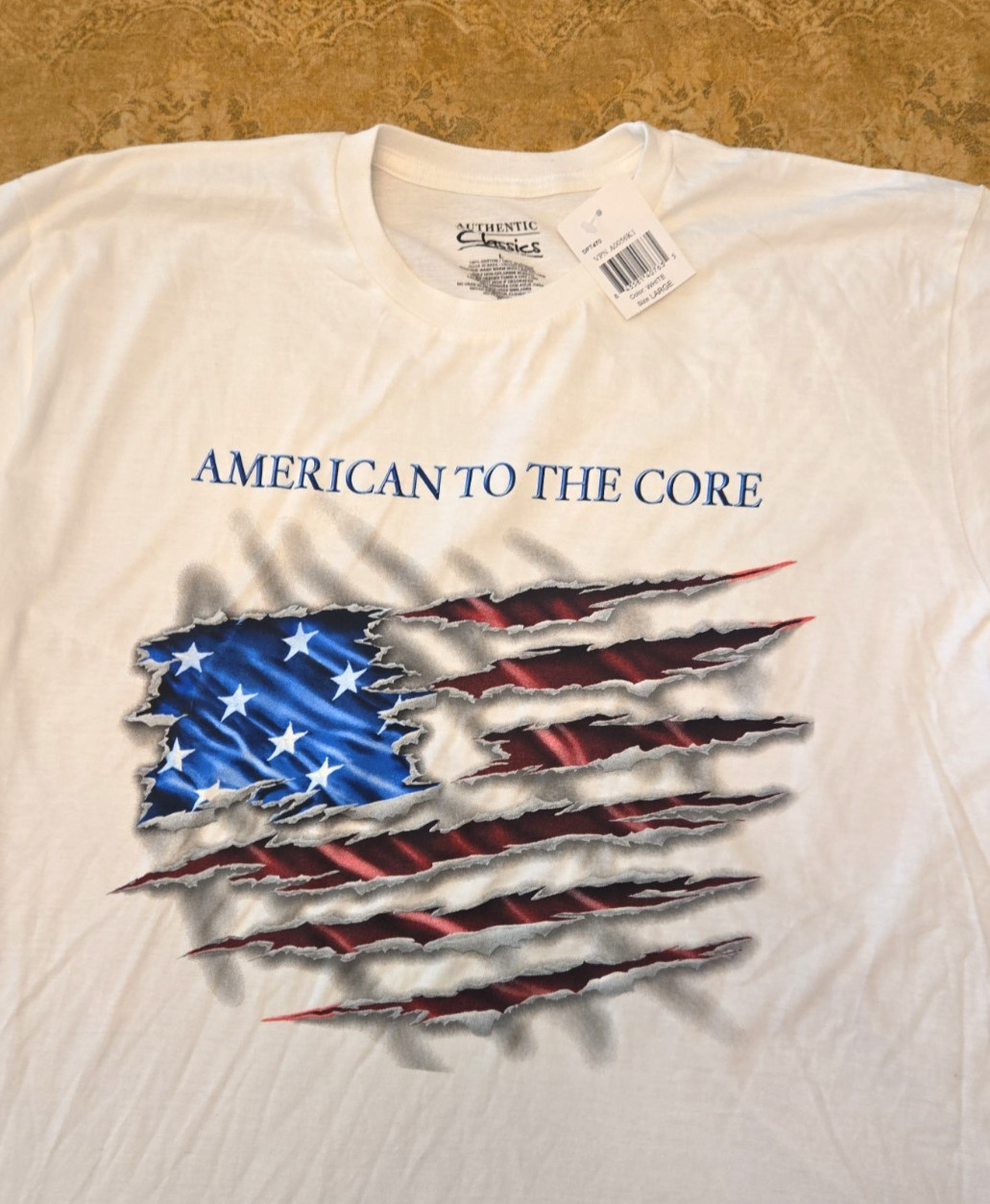 "AMERICAN TO THE CORE" Red, White & Blue" White T-shirt. Sz. Large. * NWT * gallery