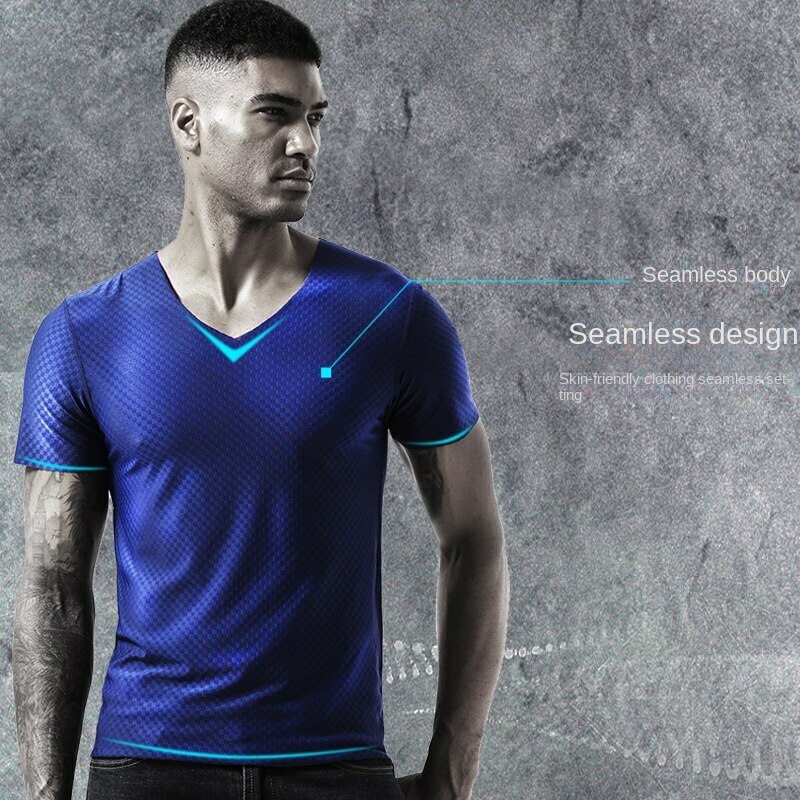 Mens Short Sleeve Ice Silk T-Shirt V-Neck Elastic Sport Gym Top Undershirts gallery