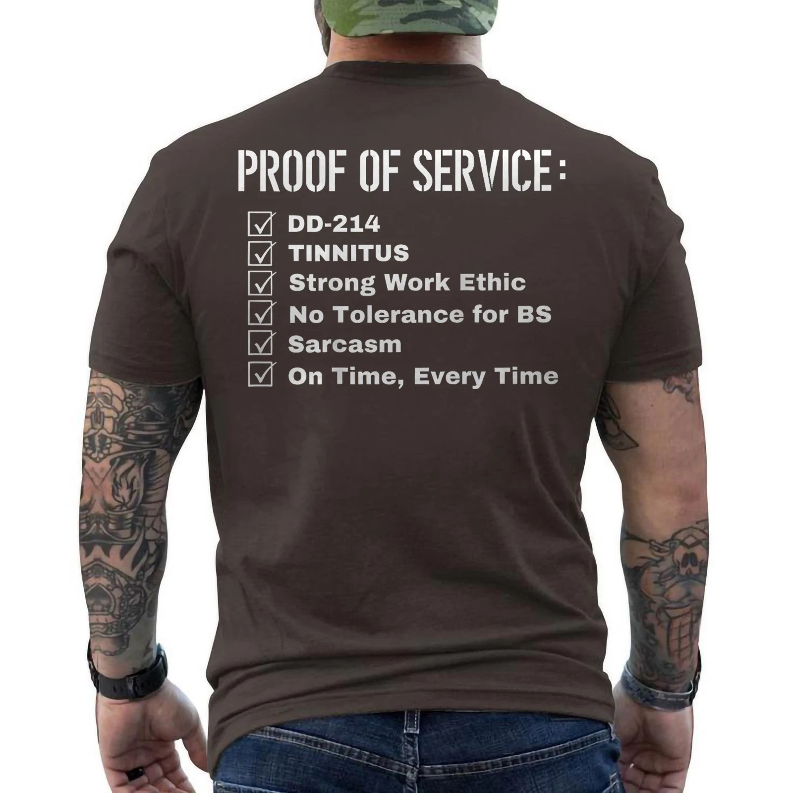Proof Of Service DD-214 Tinnitus Strong Work Ethic Sarcasm ON BACK T-Shirt gallery