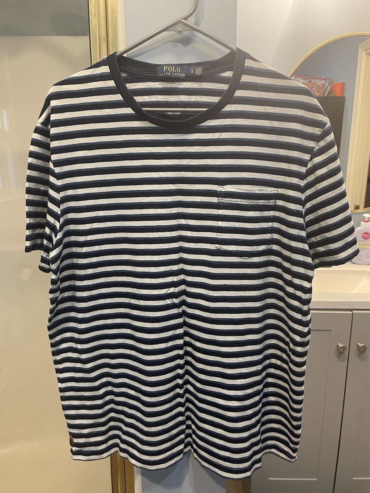 Polo Ralph Lauren Men’s Navy/White Striped Crew Neck Pocket Logo T-Shirt L