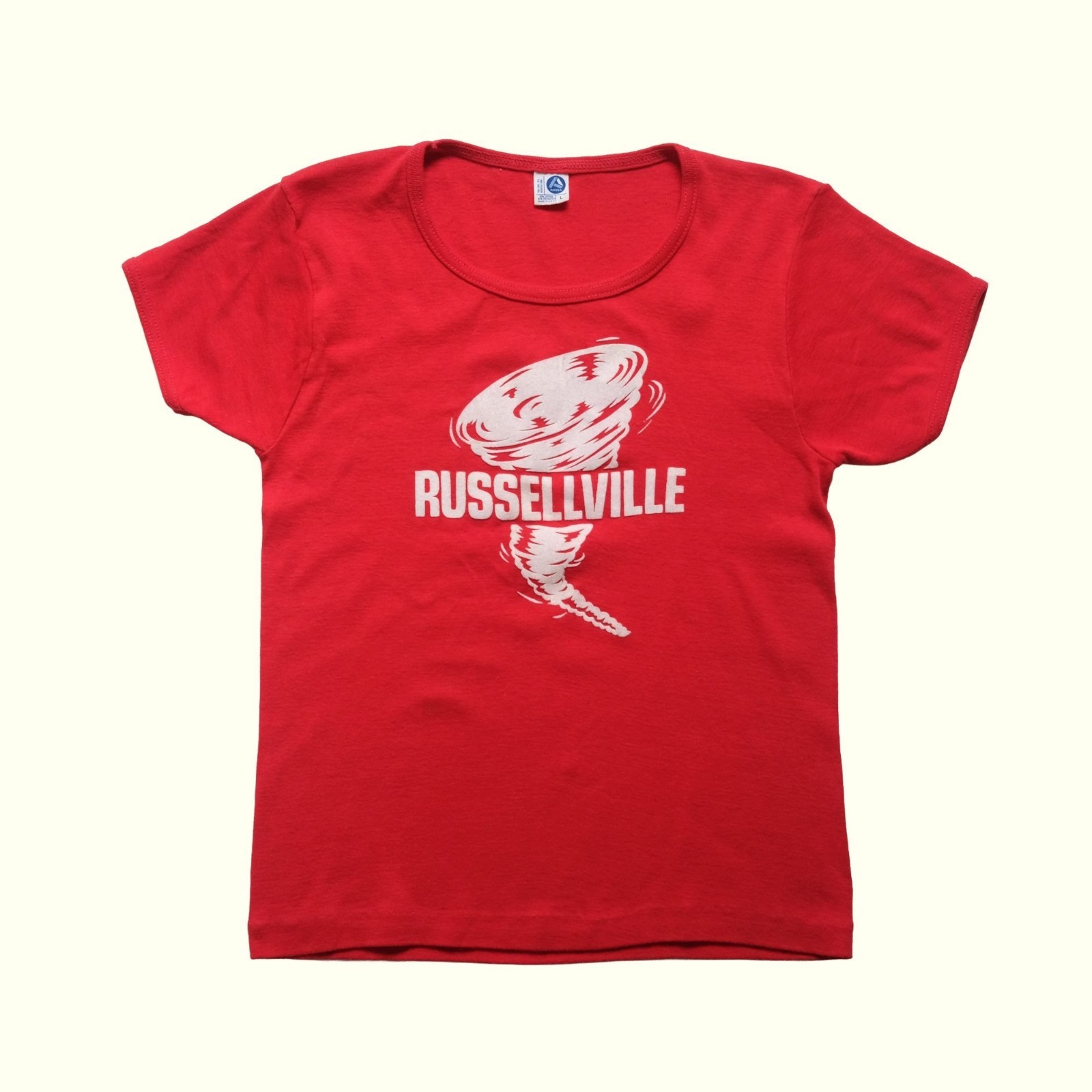 ARTEX 80s VTG USA MADE RUSSELLVILLE ARKANSAS TORNADO GRAPHIC RINGER T SHIRT L gallery