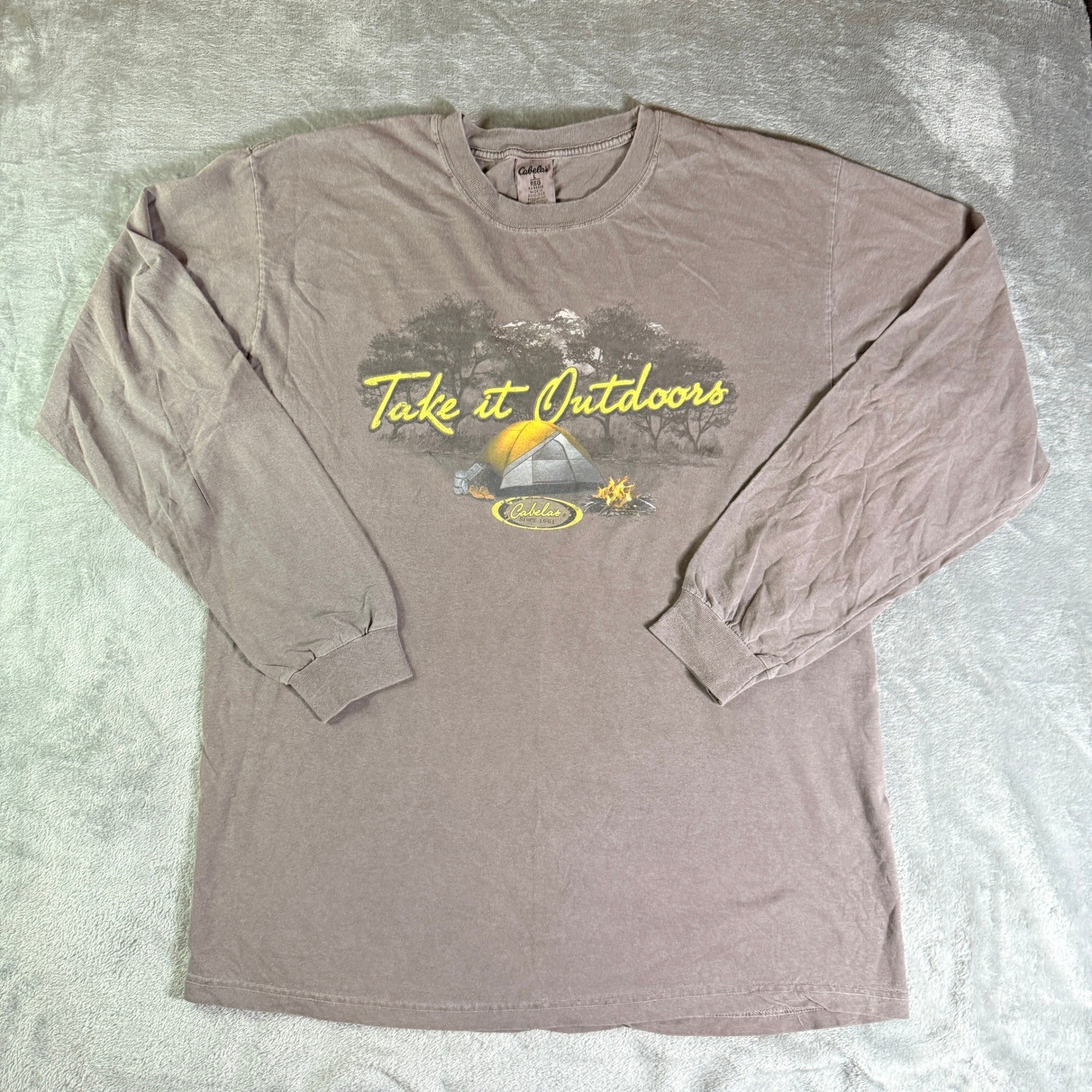 VTG Cabelas Long Sleeve T Shirt Take it Outdoors Camping Graphic Tee Mens Large gallery