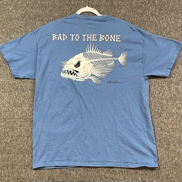 AFTCO Bluewater Shirt Mens XL Blue Pocket Tee Bad To The Bone Fish Graphic