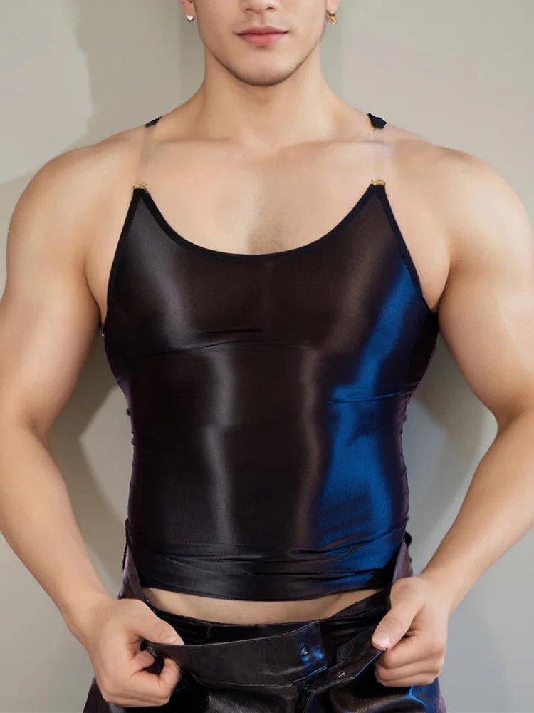 Sexy Men Oil Glossy Shiny Smooth Strap Sheer See Through Tops High Elastic Tank