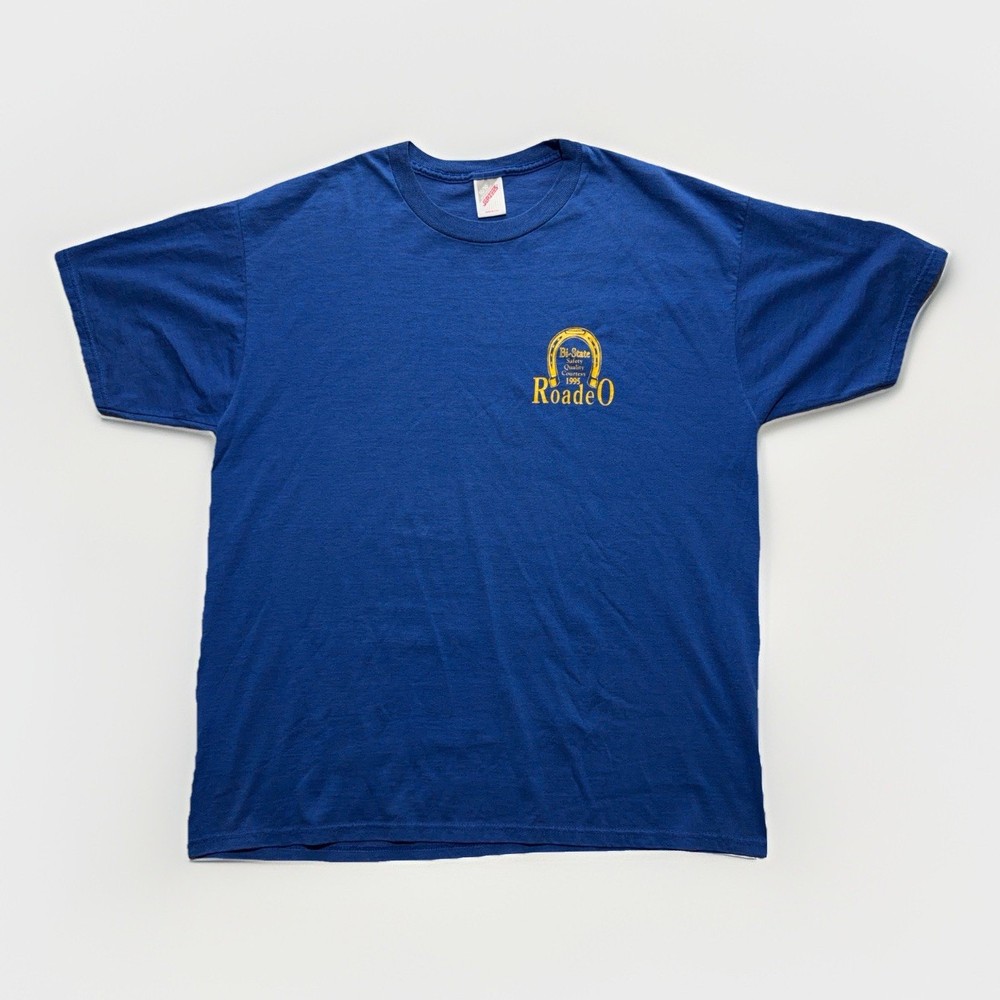 Vintage 90s Jerzees 50/50 Blend Blue Lucky Horseshoe Rodeo T Shirt XL USA Tee