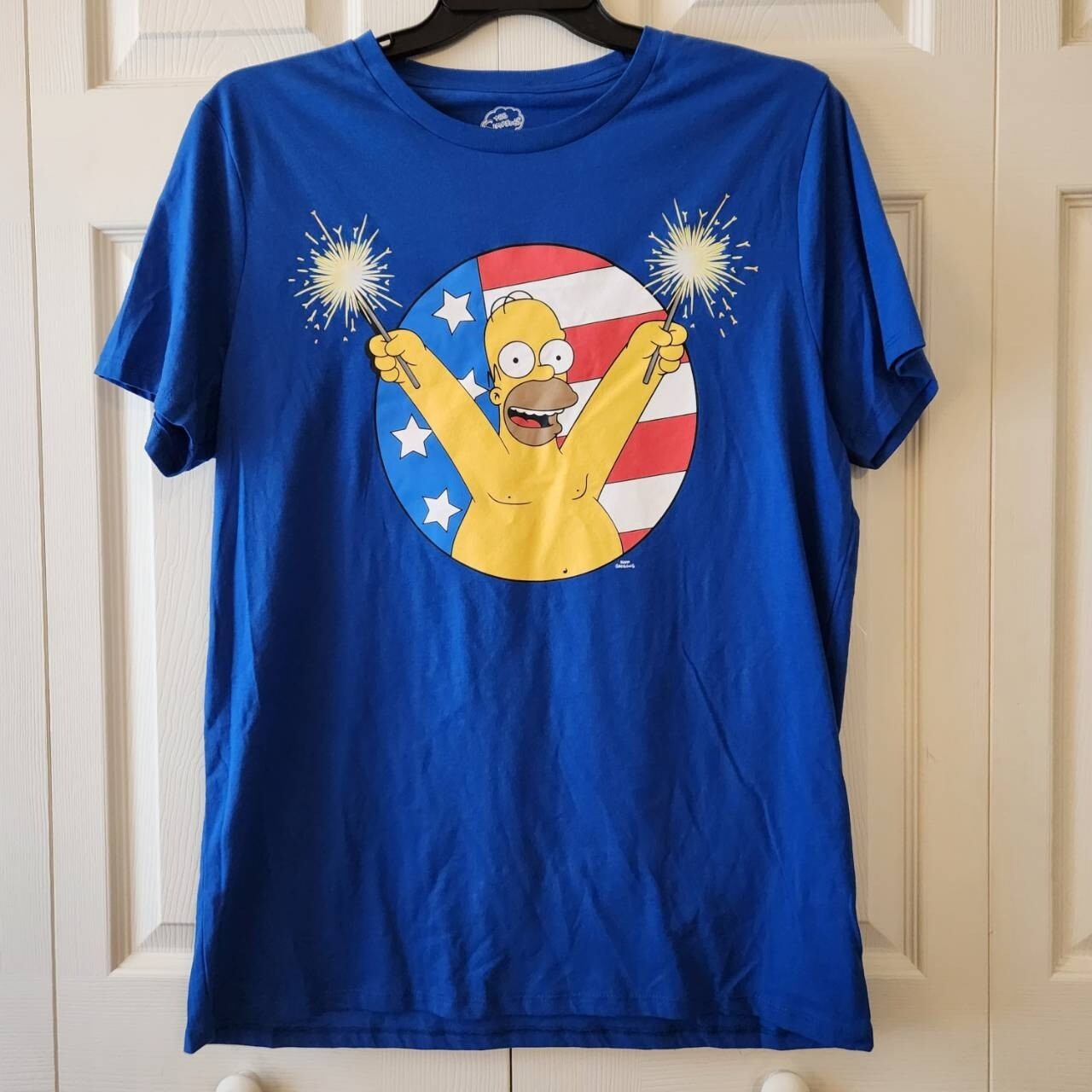 The Simpsons Homer Flag and Sparklers T-Shirt Size Large Blue
