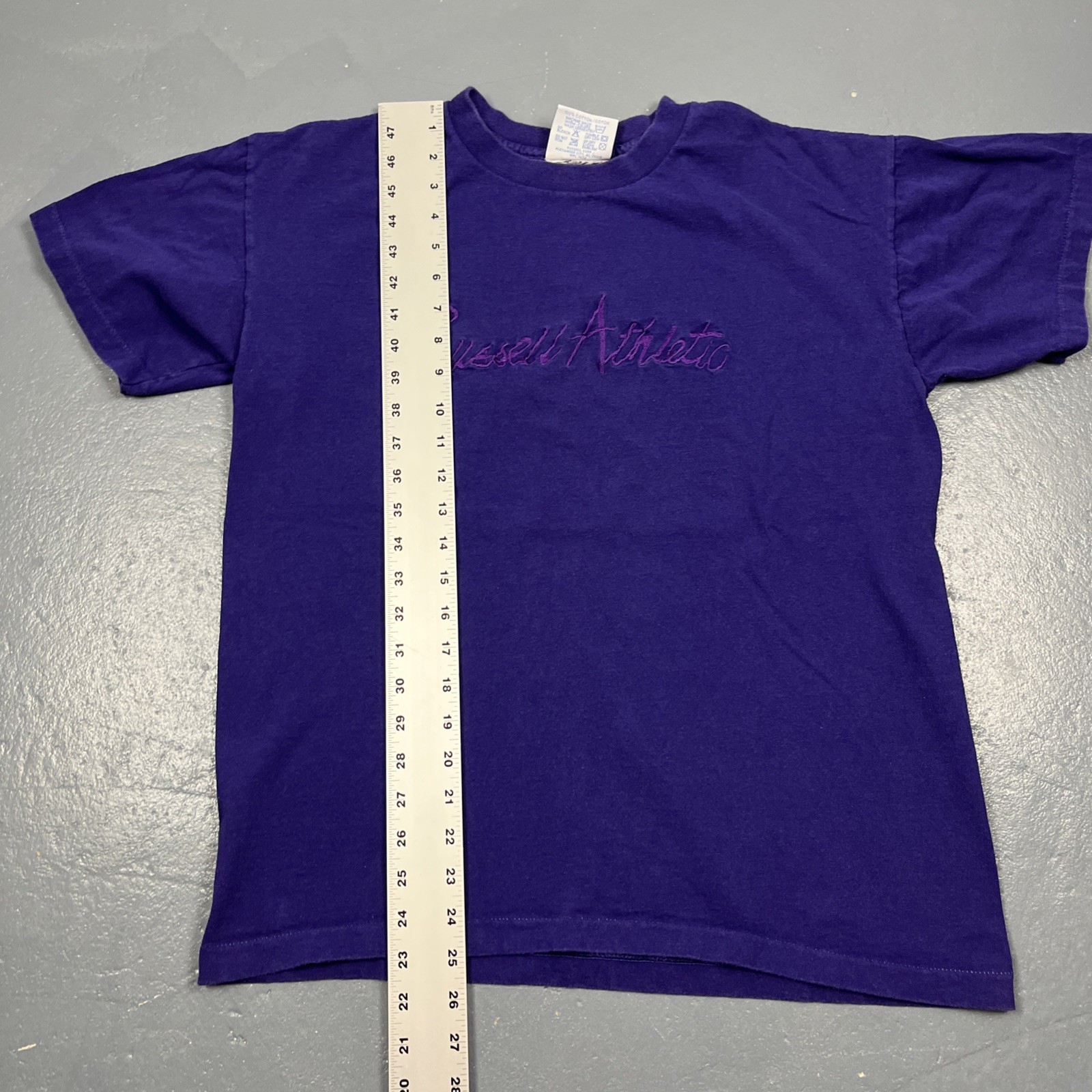 Vintage 90s Russell Athletic Embroidered Tshirt Purple Medium Single Stitch VTG gallery