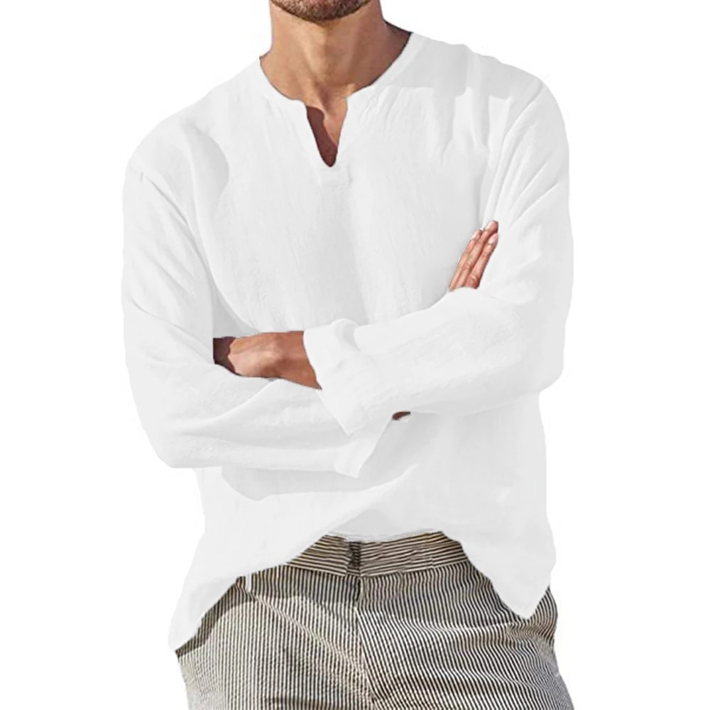 Breathable Cotton Linen Men's V-Neck Long Sleeve Casual Summer Shirt Top Premium gallery