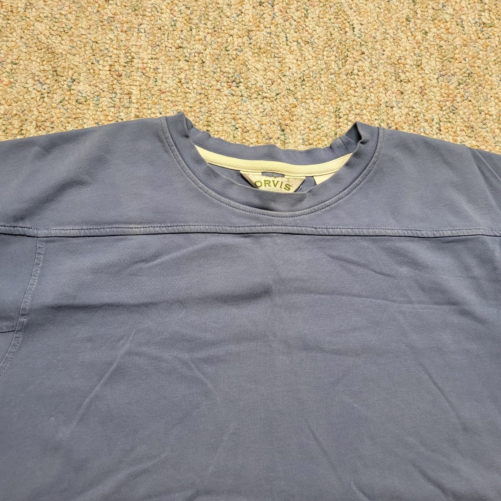 Orvis T-Shirt Mens Medium Blue Short Sleeve Cotton Football Yoke Drop Hem Tee gallery