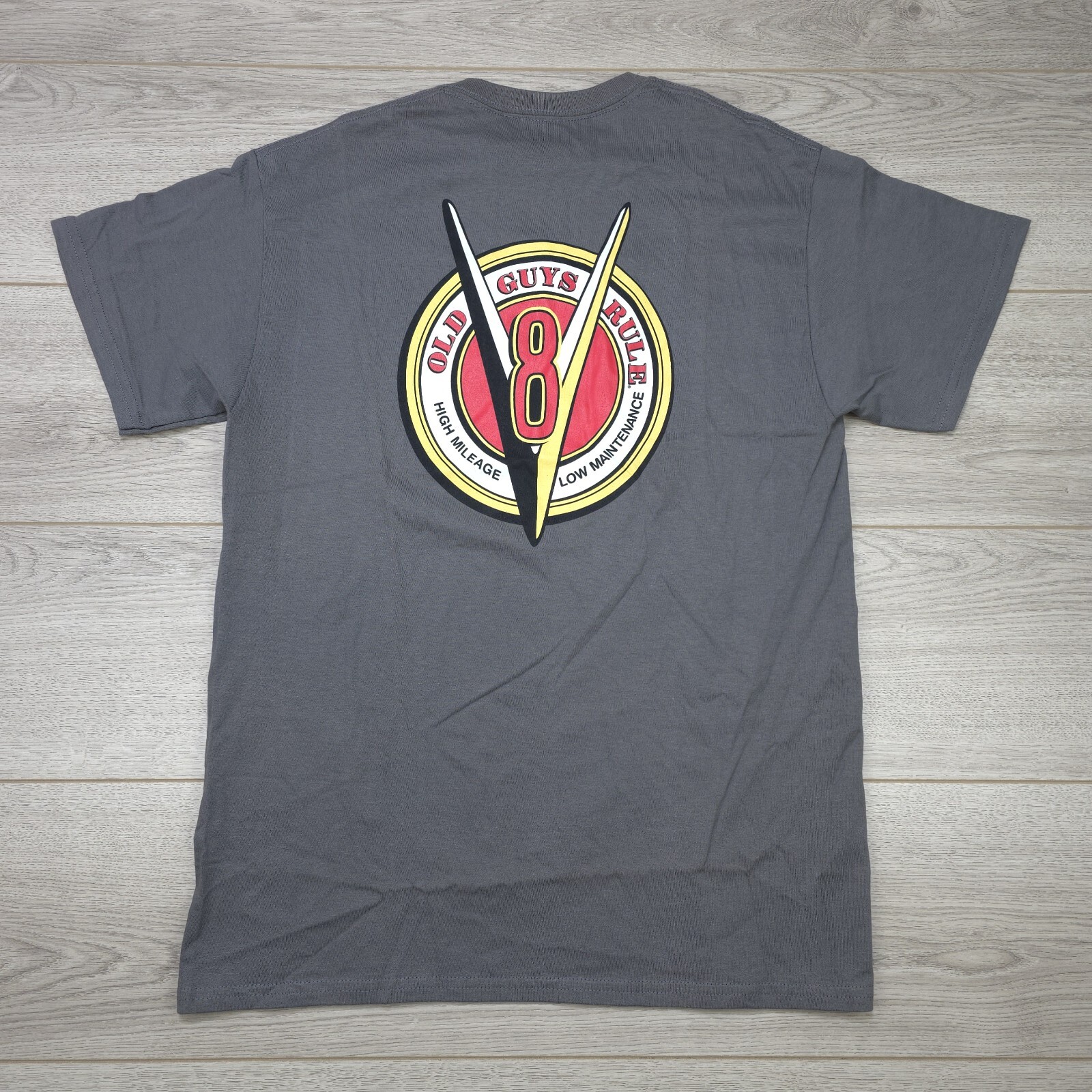 Old Guy Rules V8 High Mileage T Shirt Mens Gray Graphic NWT