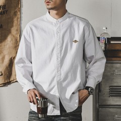 Spring Retro Stand Collar Striped Shirt Mens Long-sleeved Loose Shirt Jacket