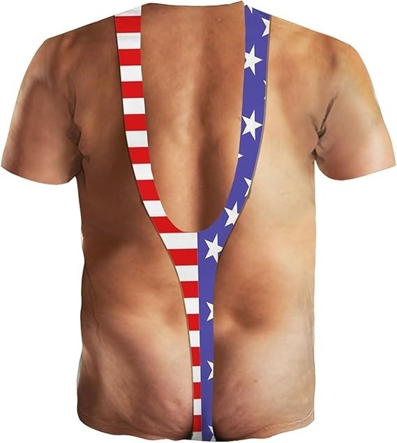 Funny USA Flag Borat Swimsuit T-Shirt 3D Hairy Chest Bikini Graphic Gag Gift Tee gallery
