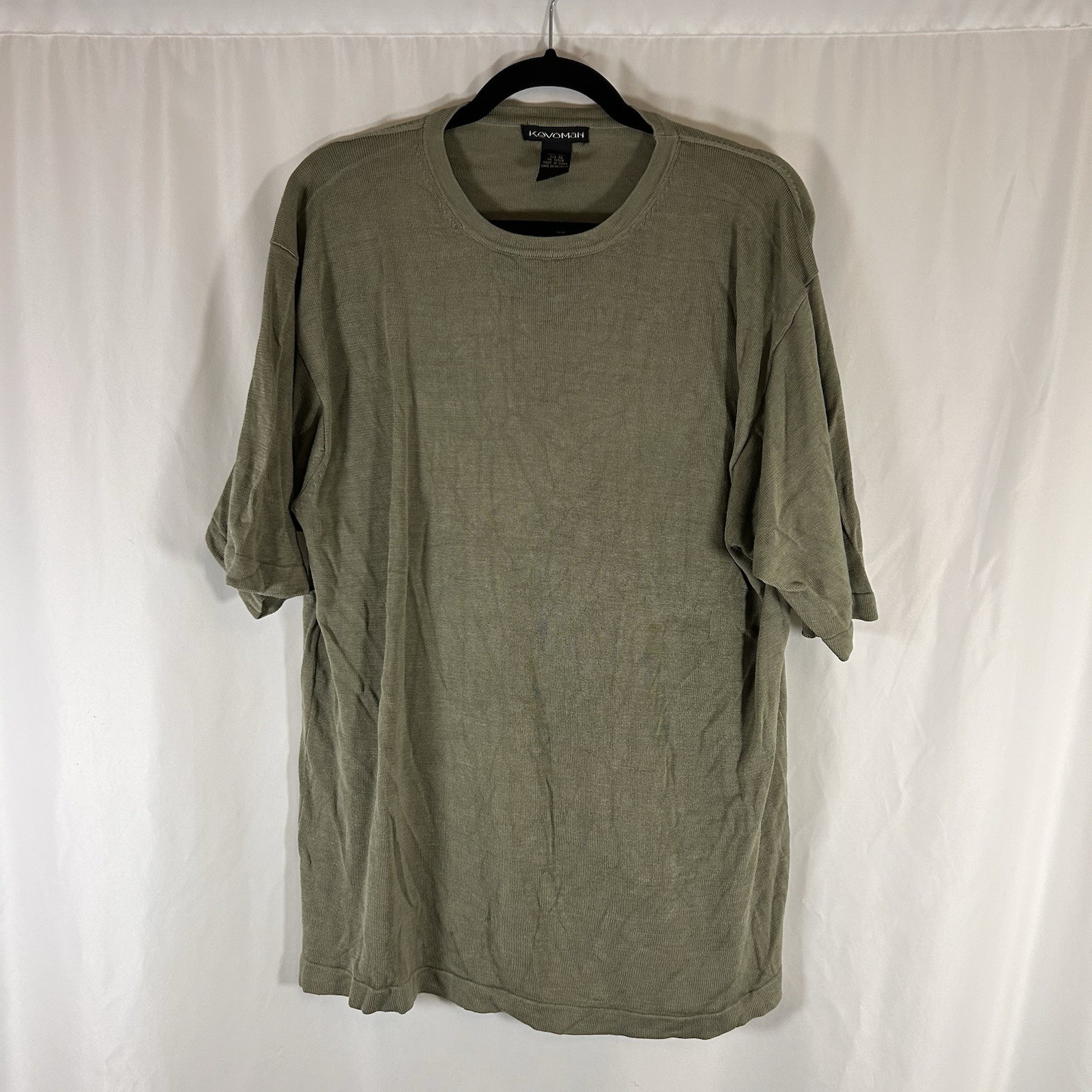 Kevoman 100% Silk Blouse Men’s XL Solid Green Knit Short Sleeve Crew Neck