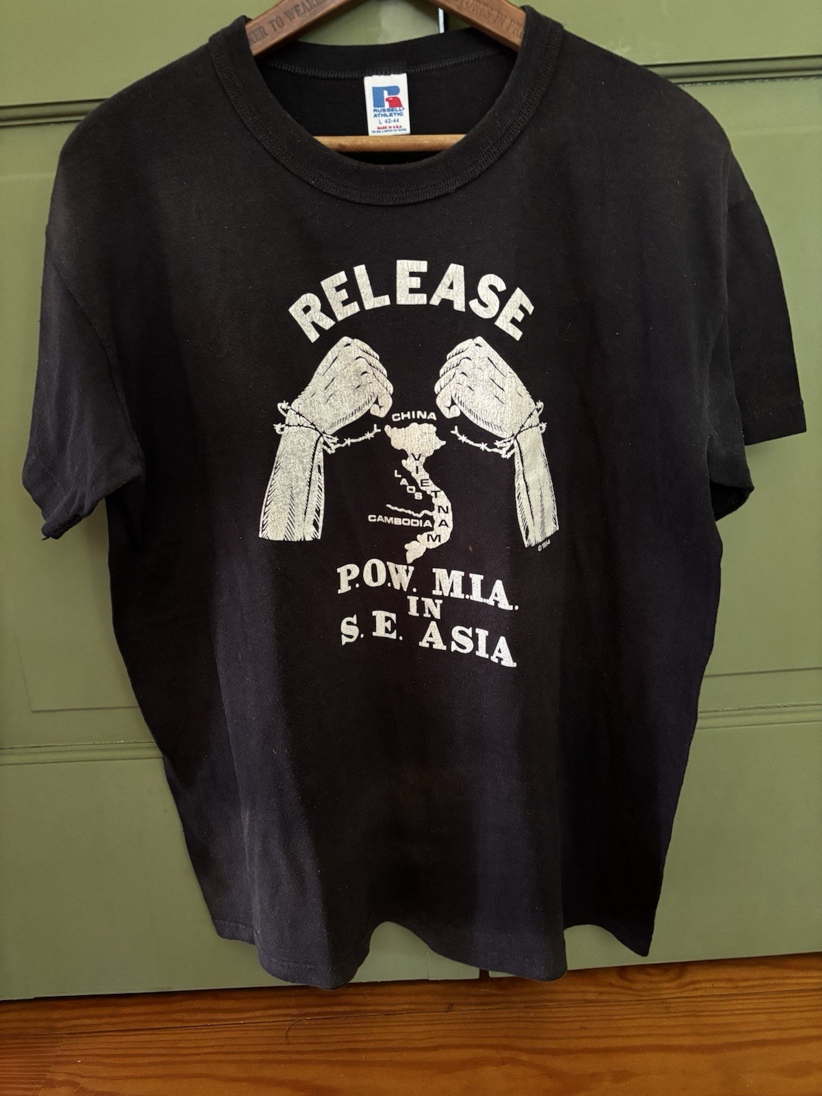 Vintage RELEASE POW-MIA in S.E. ASIA T-Shirt VIETNAM, CAMBODIA, LAOS, CHINA, BLK gallery