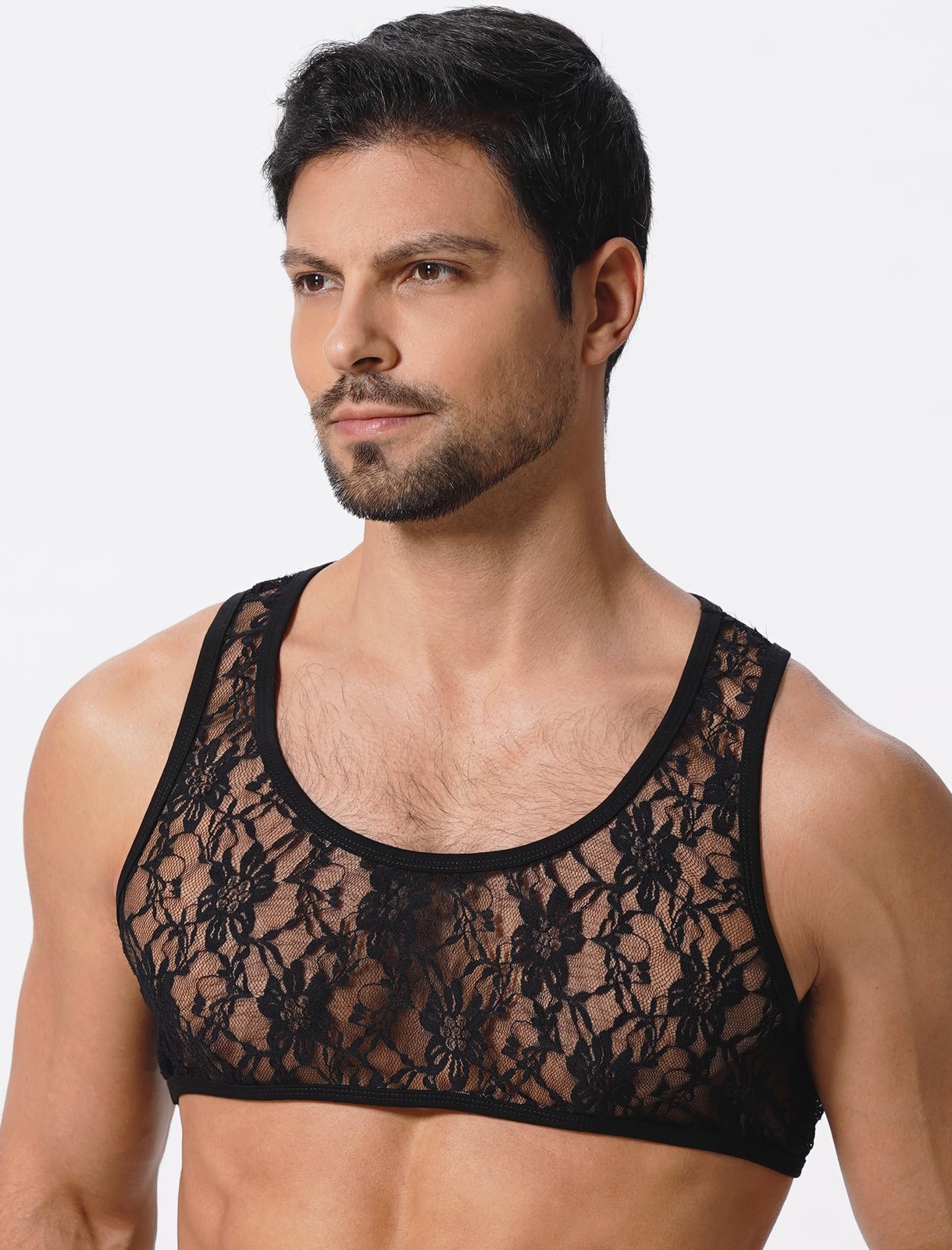 Men's Sissy Lace Muscle Tank Floral Crop Top Semi Transparent Sheer Mesh Vest... gallery