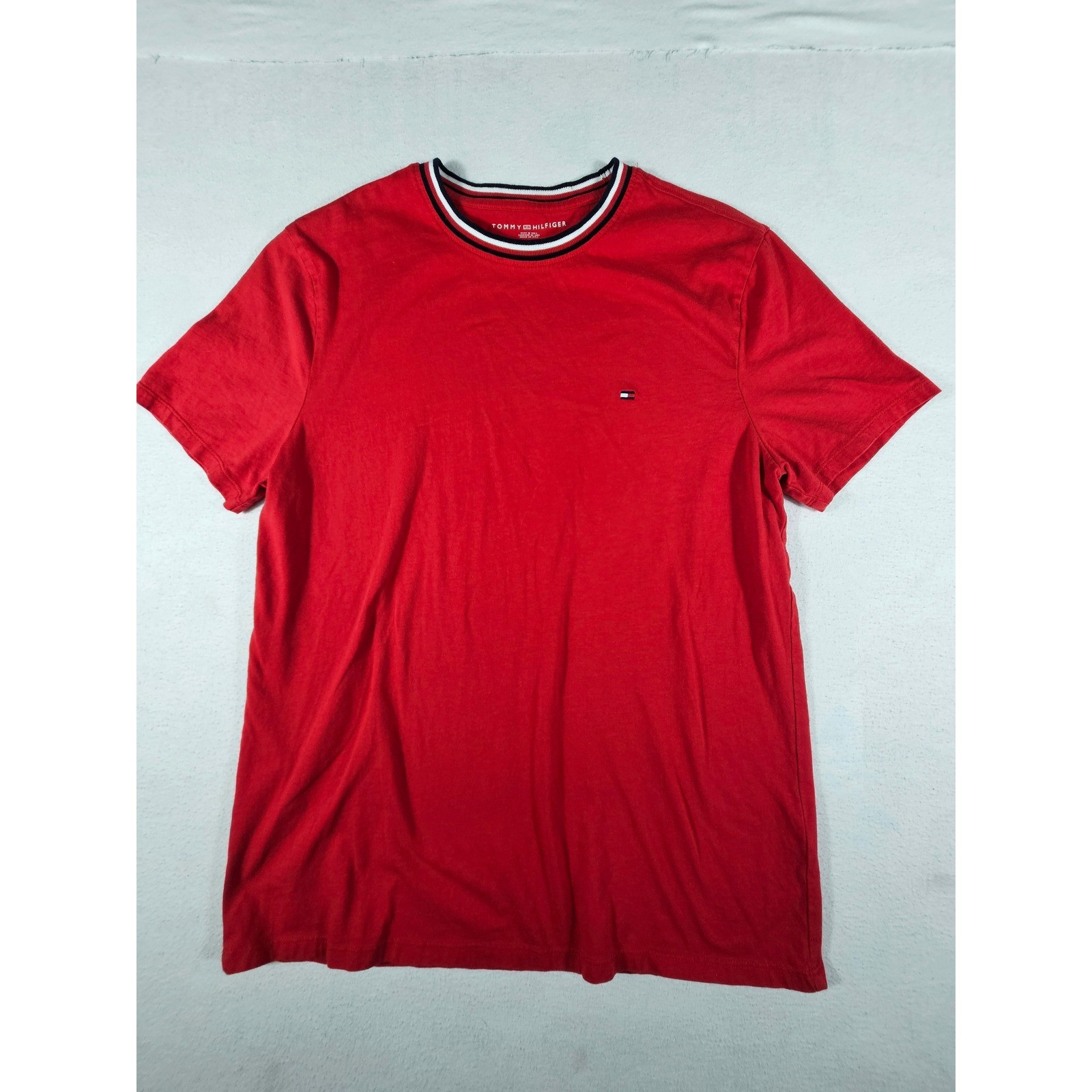 Tommy Hilfiger Mens Red T-Shirt Crew Neck Striped Collar Flag Logo 78JB130 M gallery