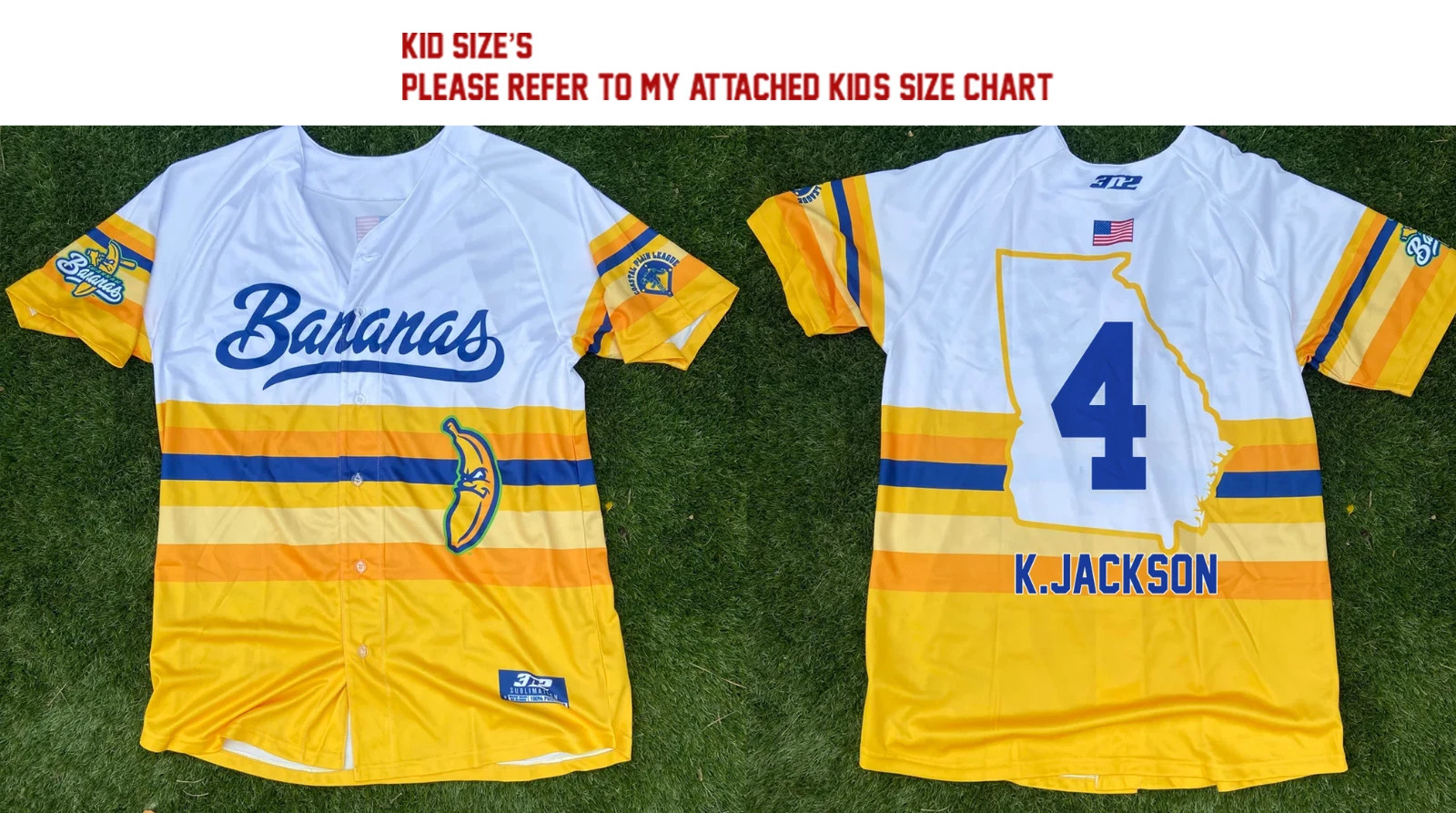 Savannah Bananas #4 Jackson Jersey Button Baseball Youth Size Kids Boys Girls