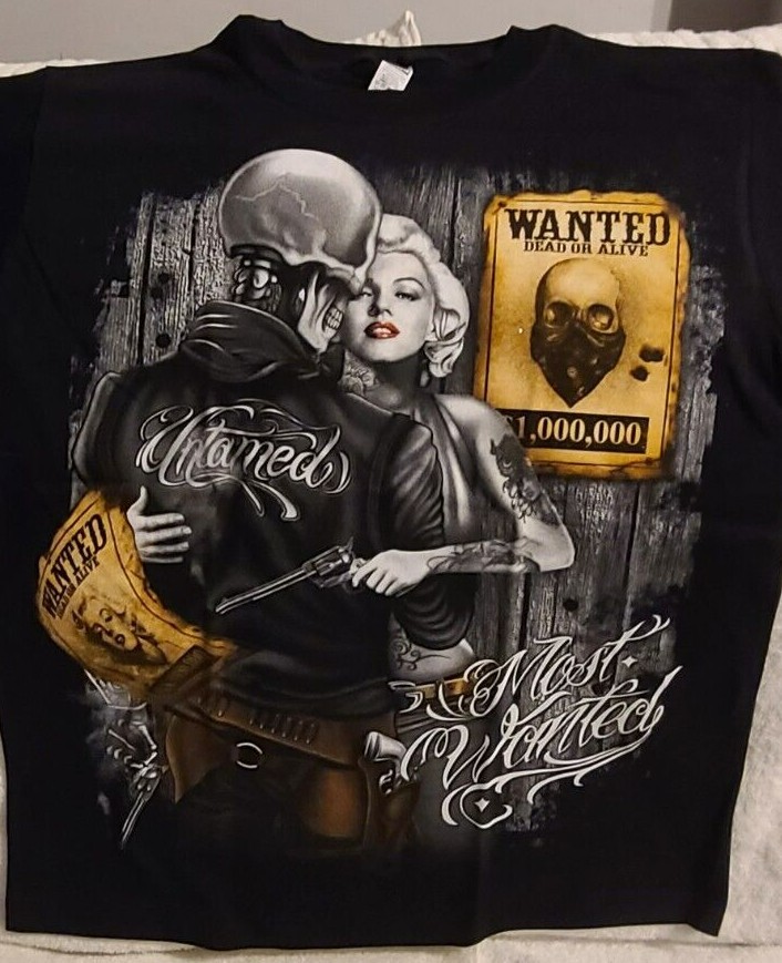 SKELETON SKULL MARILYN MONROE GUN TATTOO UNTAMED MOST WANTED T-SHIRT gallery