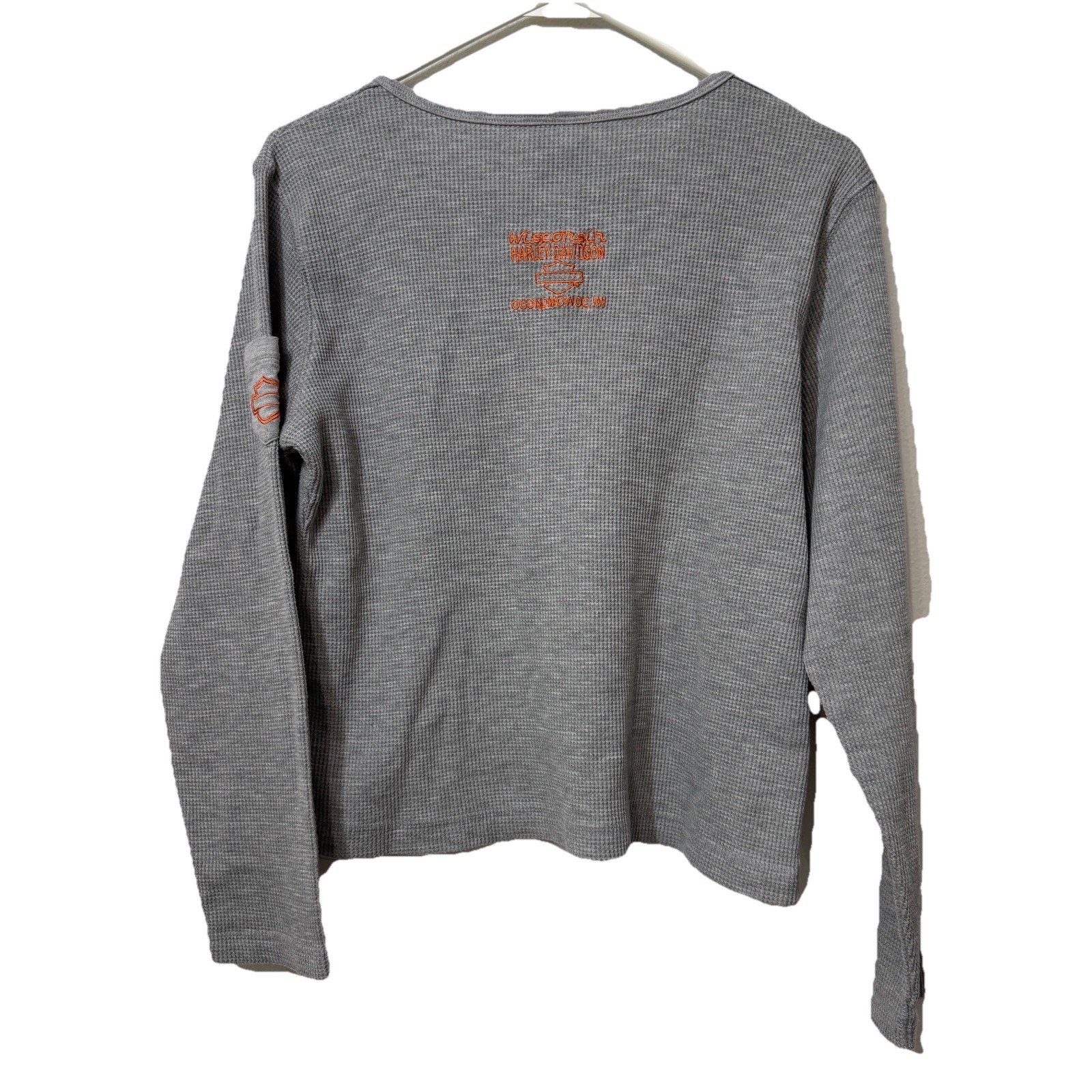 Vintage 90s Harley Davidson Embroidered Thermal Long Sleeve Henley Gray Shirt gallery