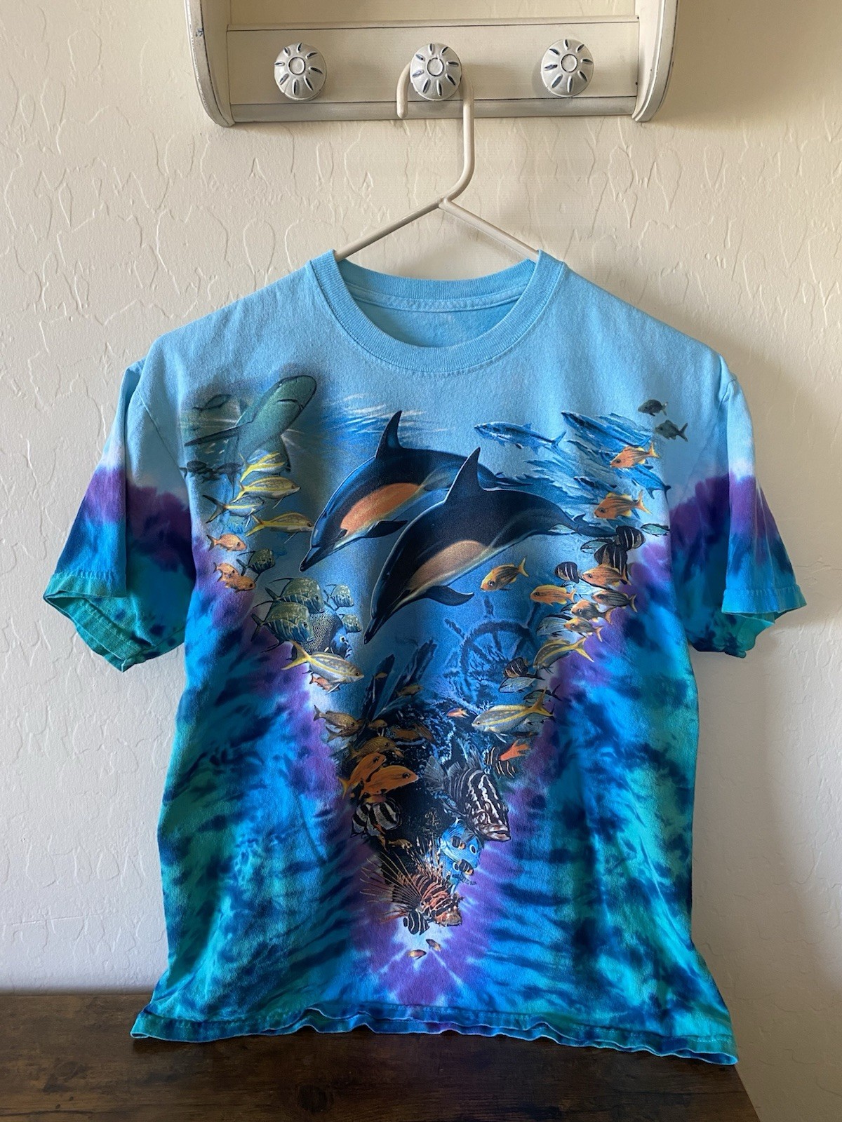 Vintage 90s Y2K Liquid Blue Aquatic Oceanlife Tie Dye Shirt Medium Fish Animals