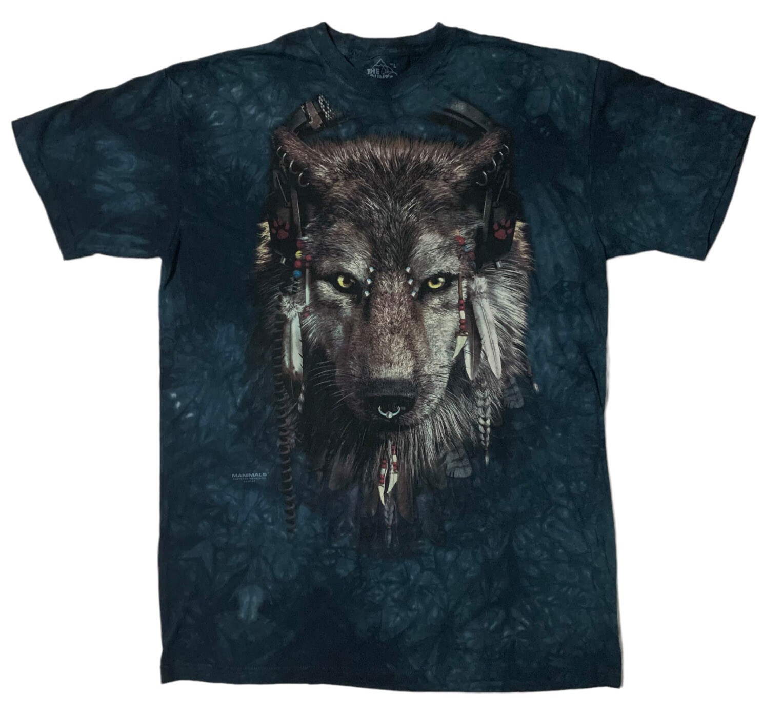 The Mountain 2011 Manimals Native American Wolf Headphones Tie Dye TShirt Large