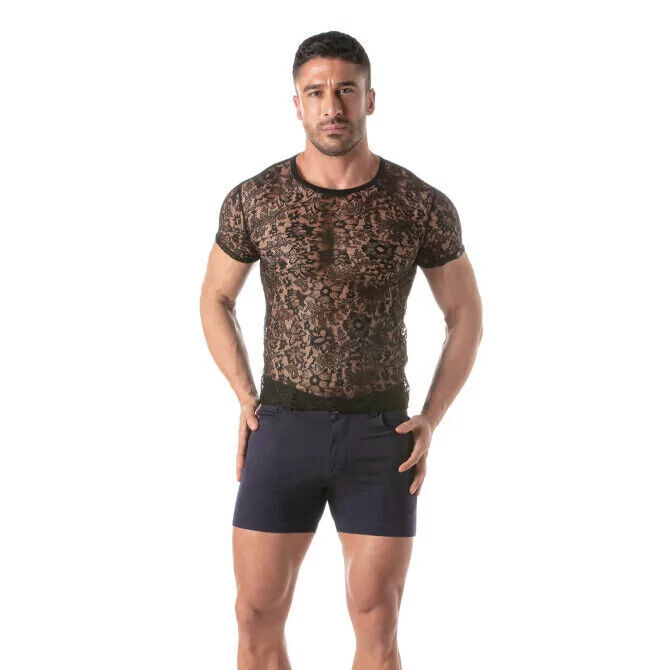 TOF PARIS Floral Lace T-Shirt Round Neck Semi-Sheer Black 35 gallery