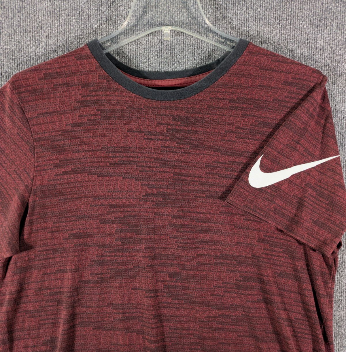 Nike AOP Shirt Mens XL Maroon Dri-Fit Spell Out All Over Print Short Sleeve
