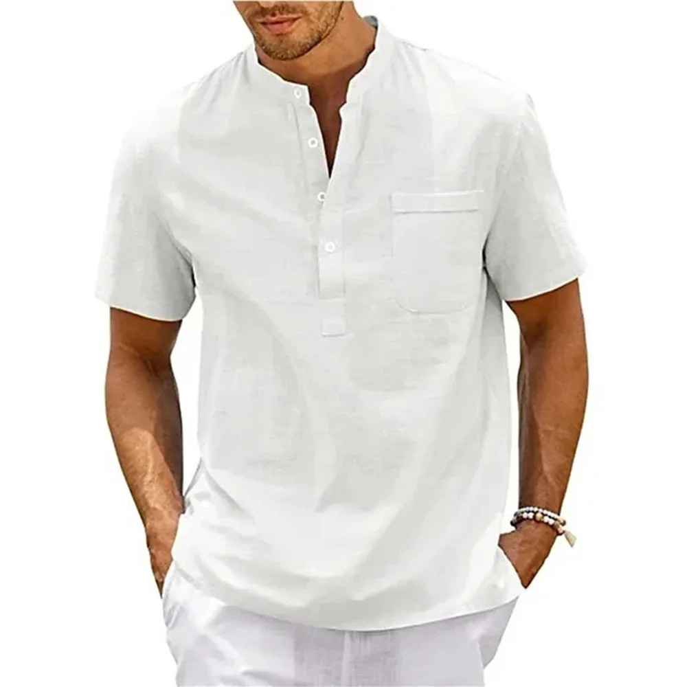 Cotton Linen Shirt Men Henley Neck Pocket Casual Beach Short Sleeve Solid Color gallery