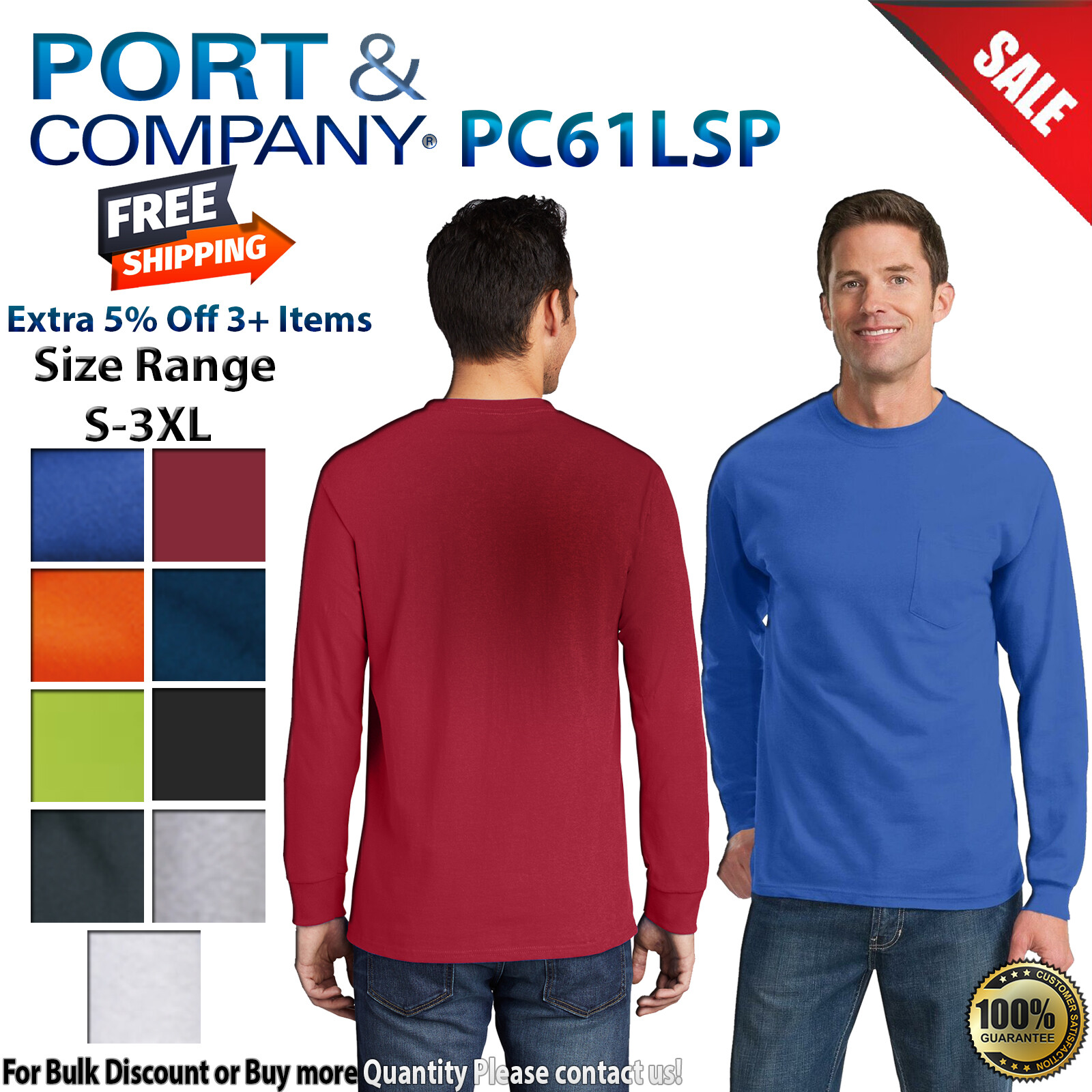 Port & Company Mens Long Sleeve Essential Crew Neck T-Shirt With Pocket PC61LSP