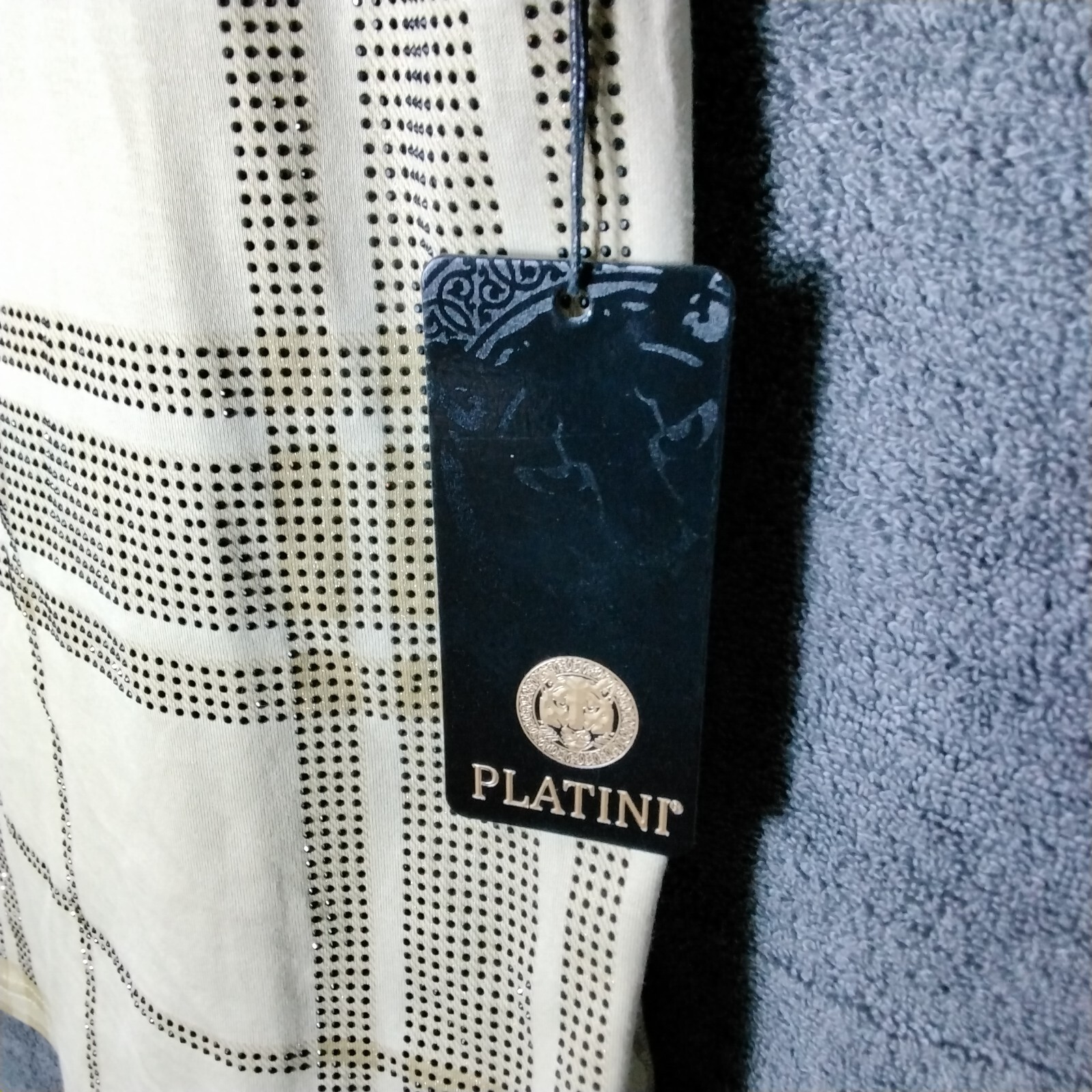 Platini Black Label Shirt Mens Size XL Beige Geometric Beaded Short Sleeve gallery