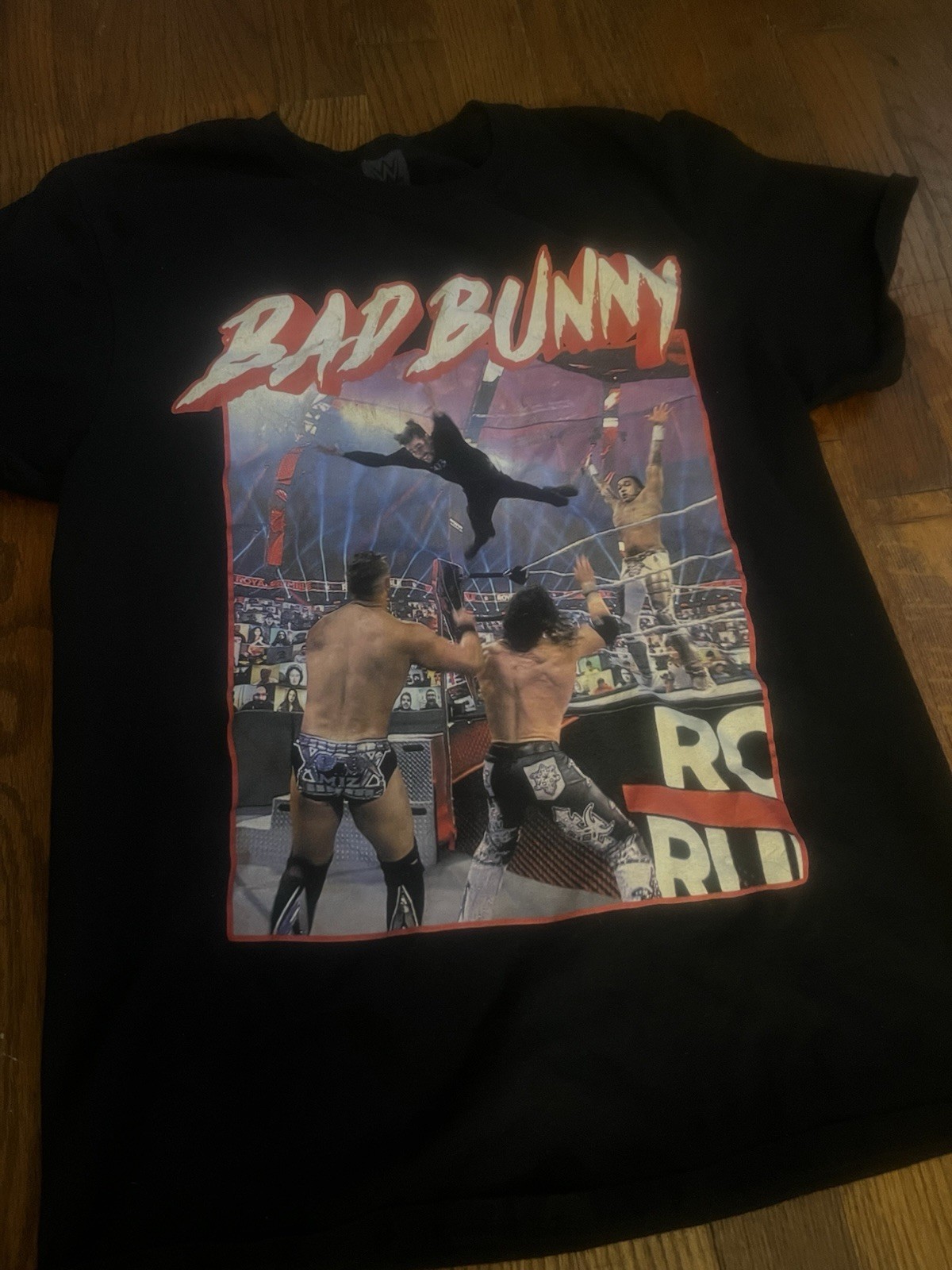 WWE Authentic Bad Bunny Royal Rumble 2021 Black Graphic T-Shirt Mens Large L gallery