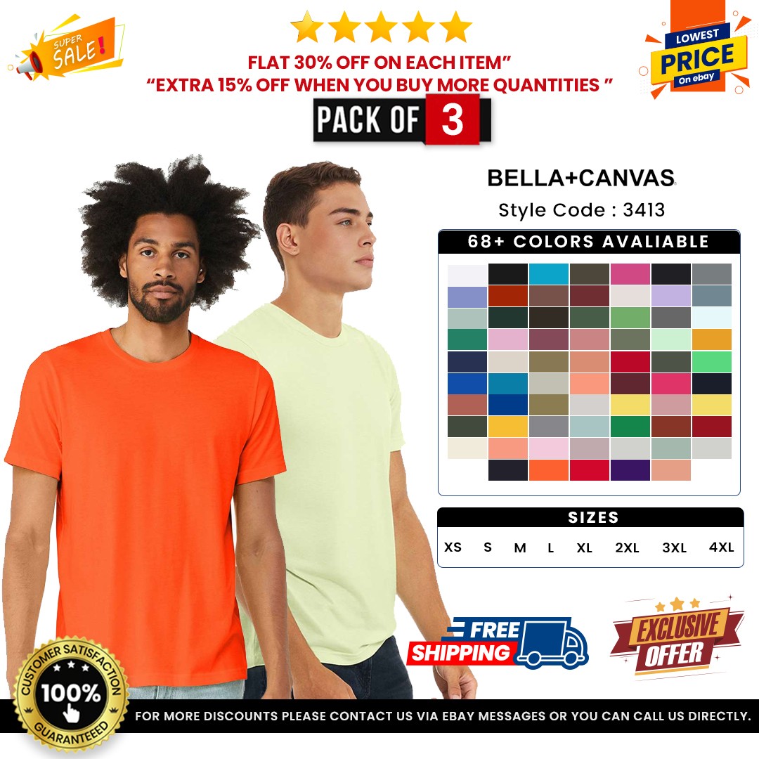 3 Pack Of Bella + Canvas 3413C Unisex Pre-Shrunk TShirt Triblend Stylish T-Shirt