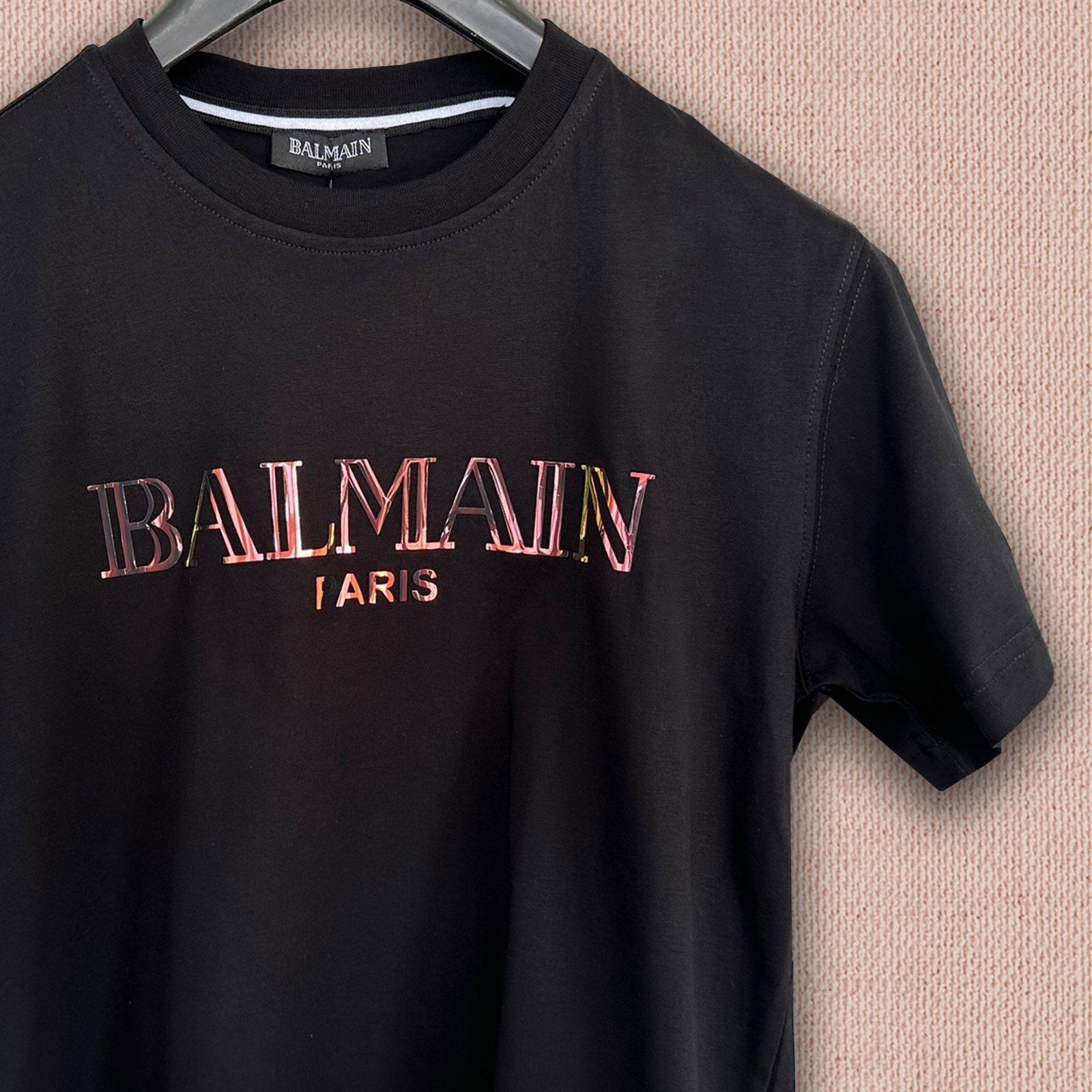Balmain Black T-shirt --- Golden Text Logo Print --- Size XL -- Tariff Paid gallery