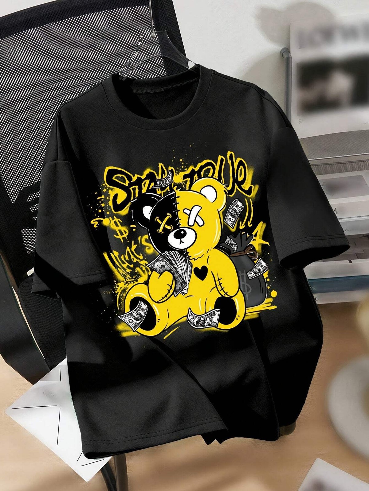 Splicing Bear And Letter Printed Casual T-shirt, Round Neck Loose Top With Dropp gallery
