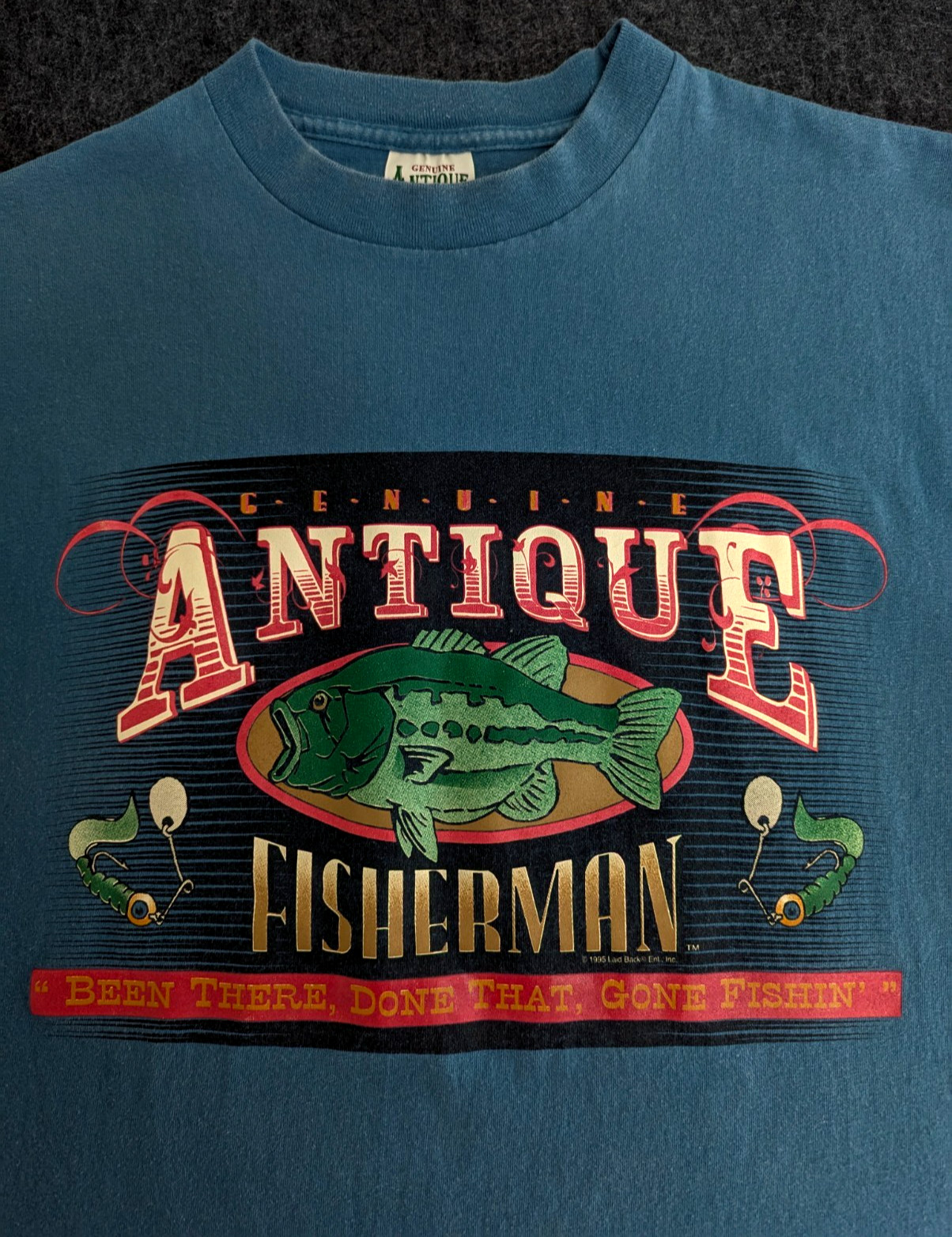 Vintage Antique Fisherman Shirt Sz Large Blue Single Stitch Laid Back Humor 90s