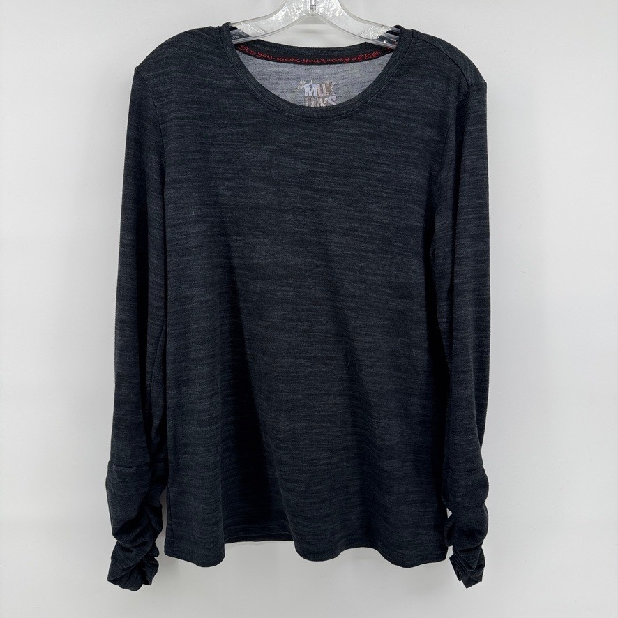Muk Luks Mens Medium Tall Charcoal Heather Ruched Cuff Long Sleeve Crewneck Top gallery