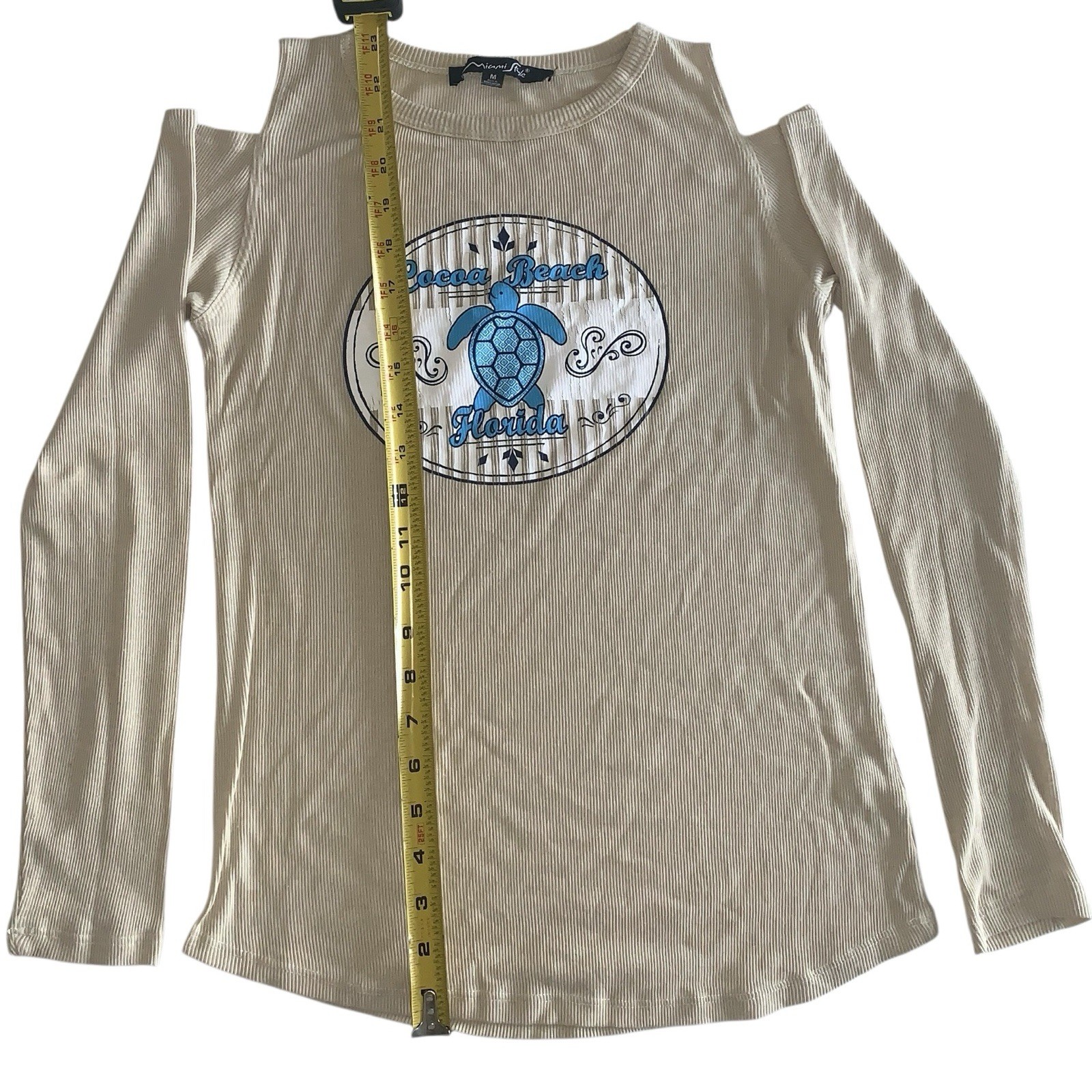 Miami Style M Long-Sleeve Cold-Shoulder Beige Cocoa Beach Florida Turtle Top gallery