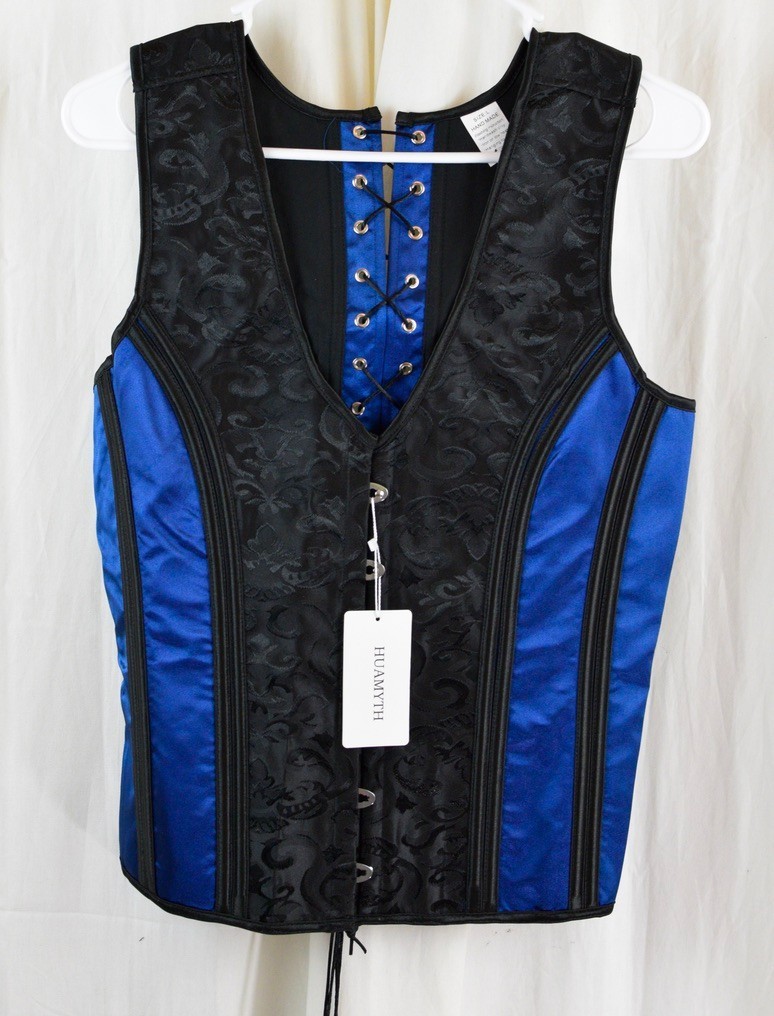 Huamyth Mens Corset Vest Lace Up Boned Black/Blue Formal Top Size Large