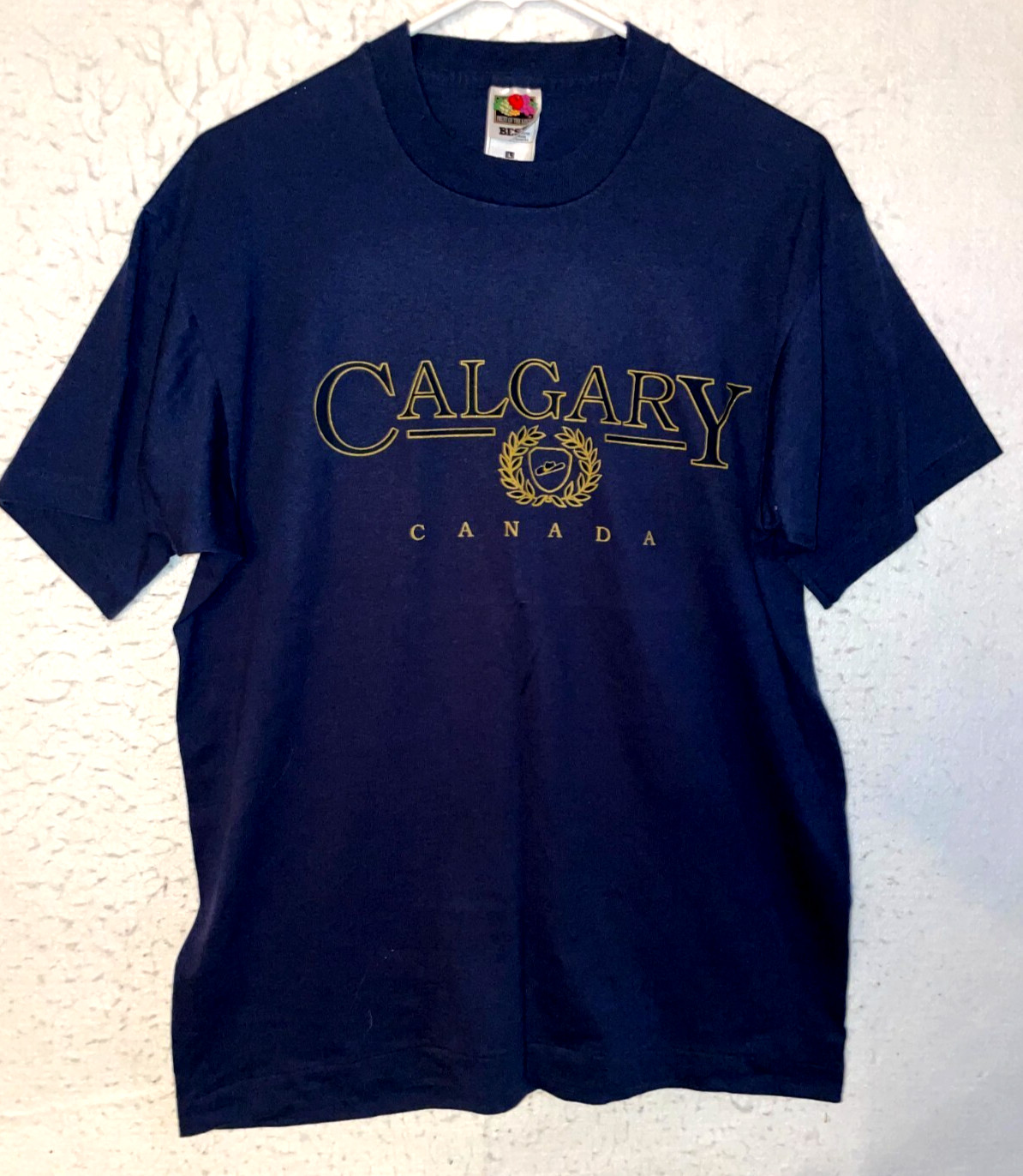 Vintage Calgary Canada T Shirt Mens L Single Stitch Fruit Of Loom Best Navy Blue