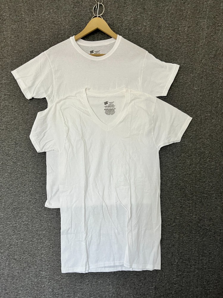 Hanes Mens 2-Pack White Crew + V-Neck Tee T-Shirt Comfort Soft Short Sleeve S