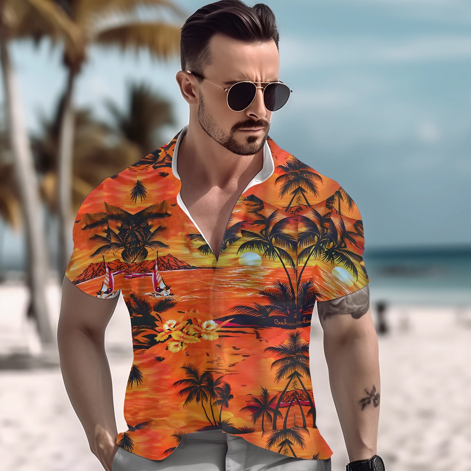 Hawaiian Shirt Mens Button Down Coconut Tree Print Beach Vacation Cruise Party @ gallery