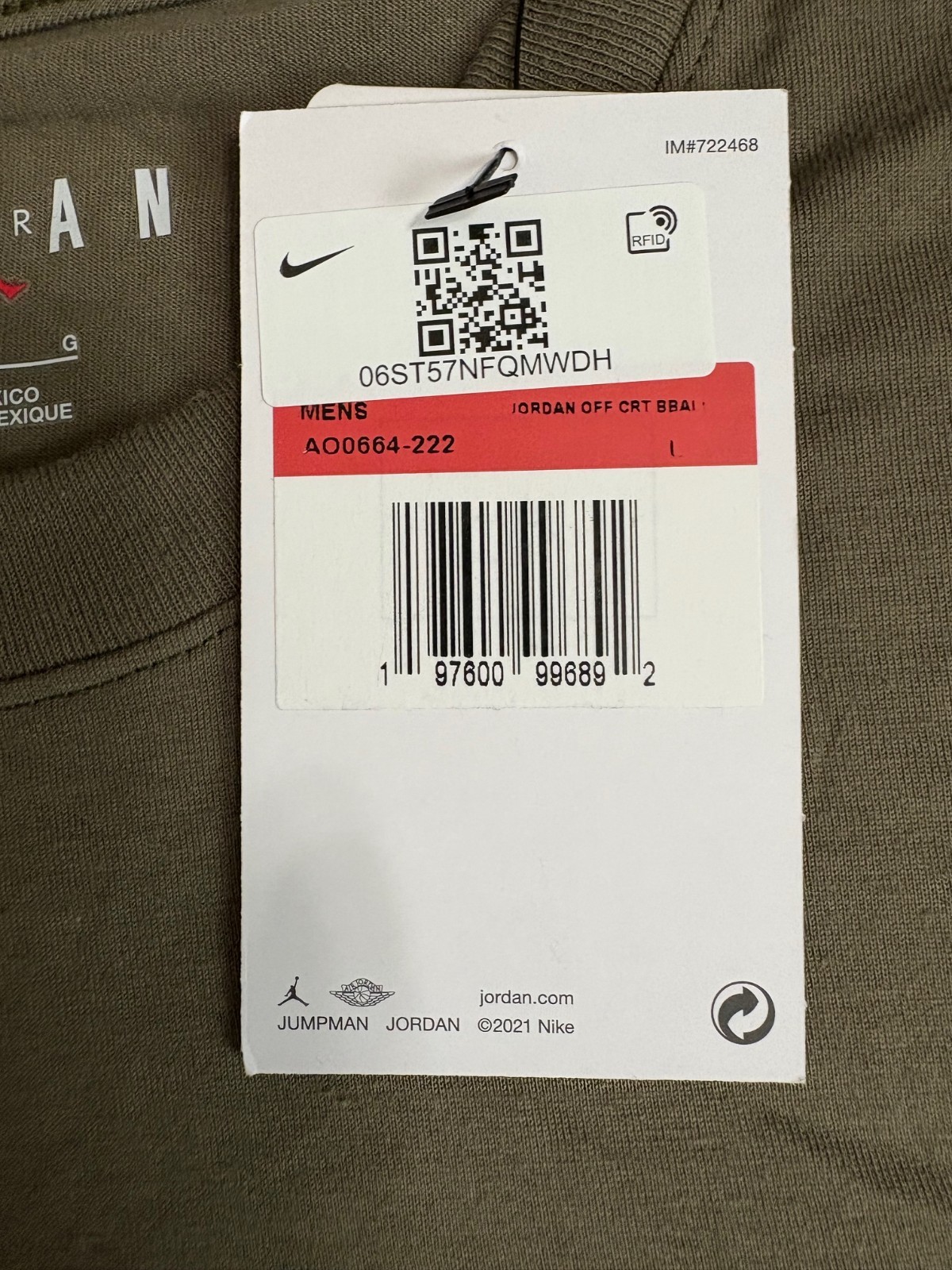 Nike Air Jordan Men's Olive Green T-Shirt Jumpman Logo Sz Large NEW AO0664-222 gallery