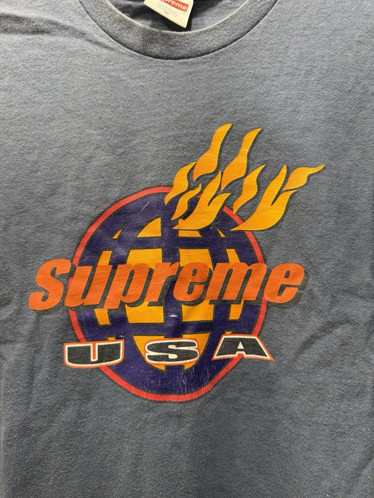 Supreme FW17 Flames Blue T-Shirt Size Medium Distressed Faded See Pics gallery