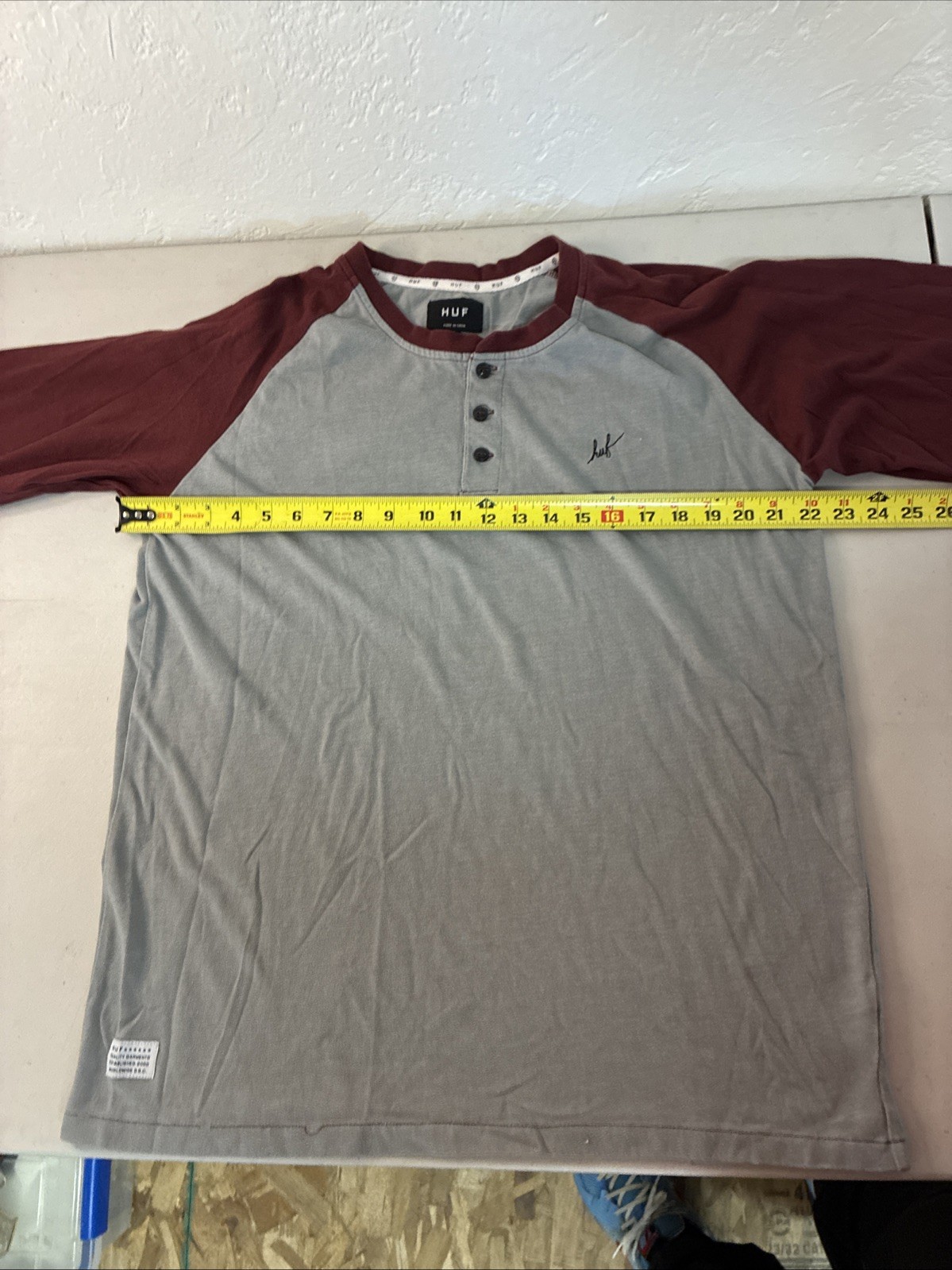 Men's HUF 2-tone Casual Pullover Long-Sleeve Shirt Sz XL Cotton Tee Gray/crimson gallery
