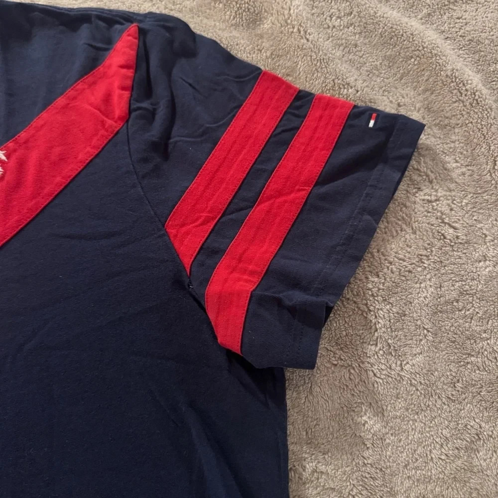 Unique Y2K Tommy Hilfiger Navy Tee Red Chevron Stripe Embroidered Lion Jersey 8 gallery